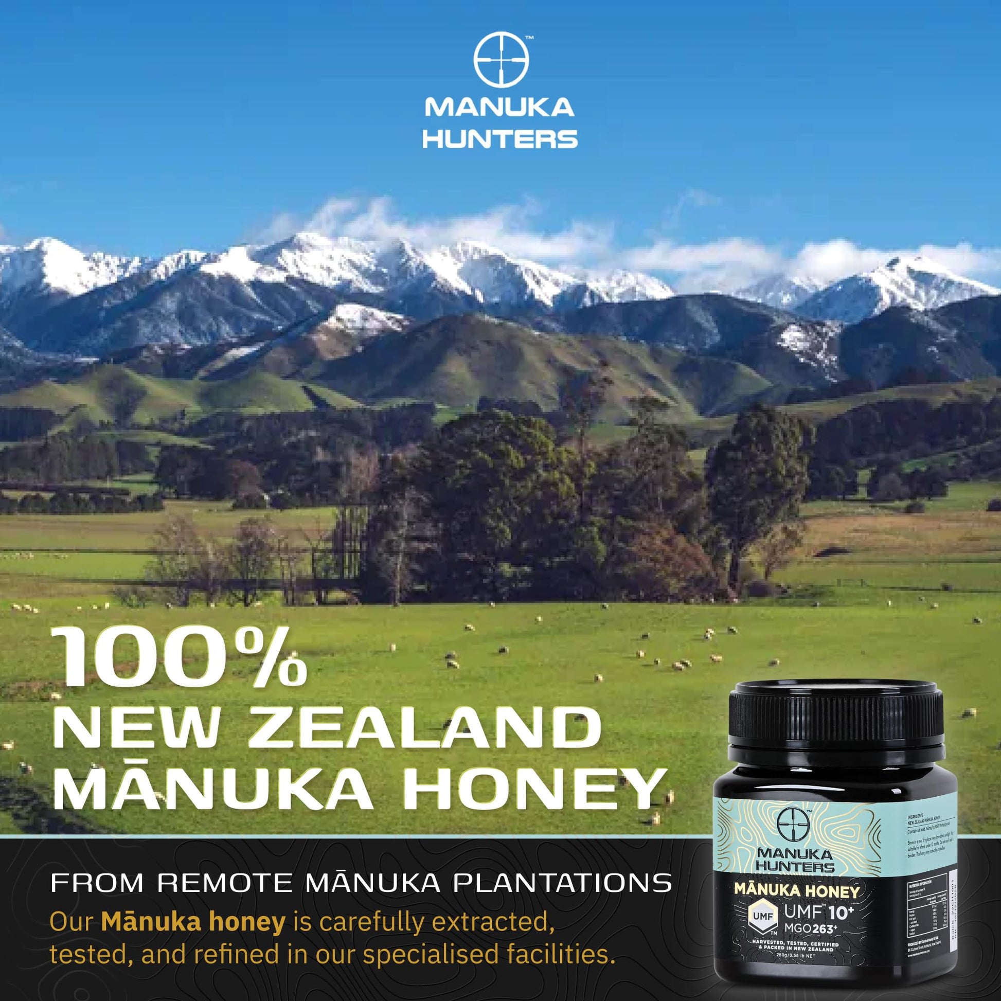 Manuka Hunters UMF 10+/MGO 263+ Certified New Zealand Manuka Honey - 100% Pure Natural Sweetener - Gluten, Dairy Free - Ideal for Tea, Coffee, Smoothies, and Baking - Sustainable - 8.8oz/250g Jar - Medaid International