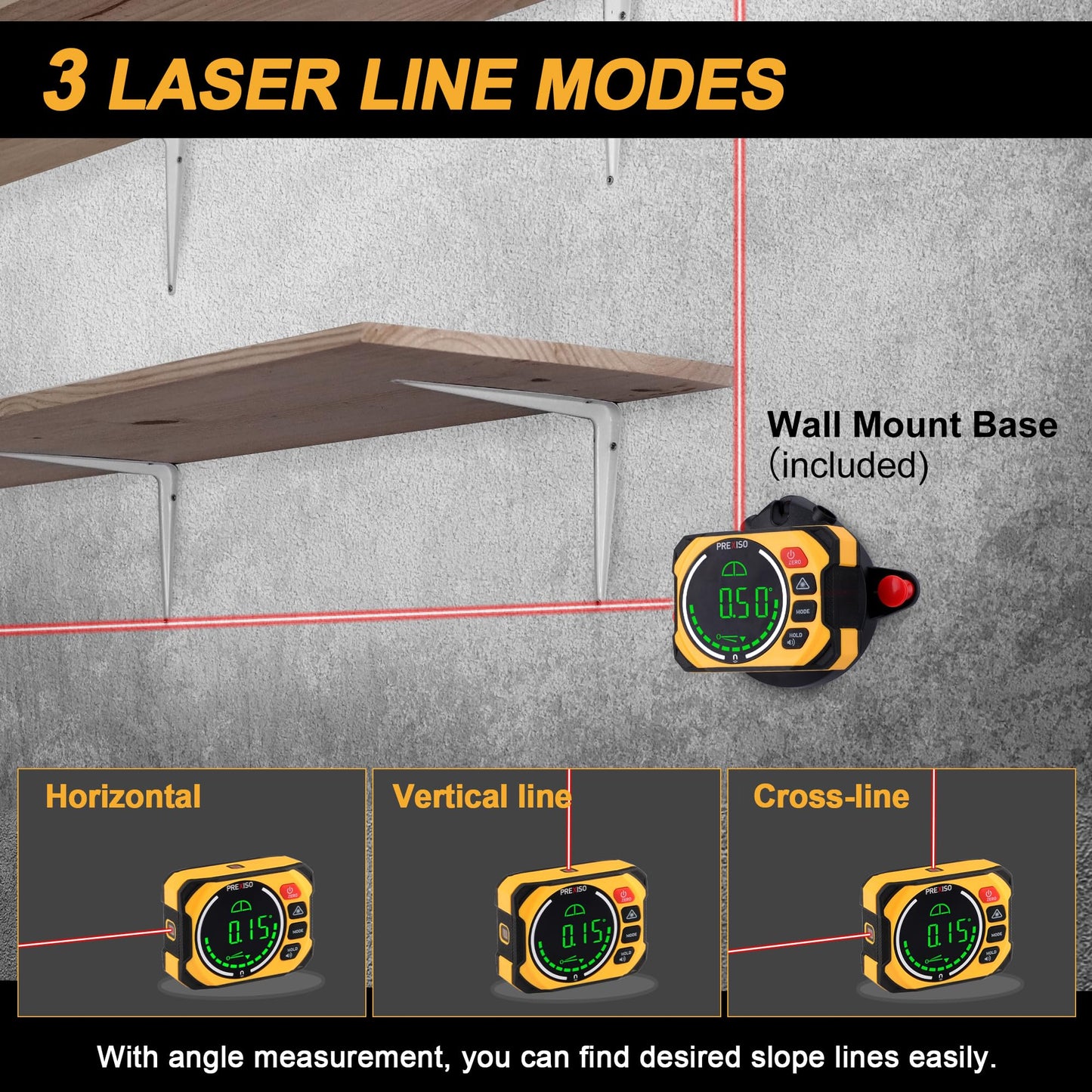 PREXISO 3-in-1 Multi Surface Laser Level with Digital Angle Gauge Magnetic, Rechargeable Digital Level with Wall Mount Base, 0-90° & 0-180°, Angle Finder Cross Line for Woodwork, Saw, Hanging Frames - Medaid International