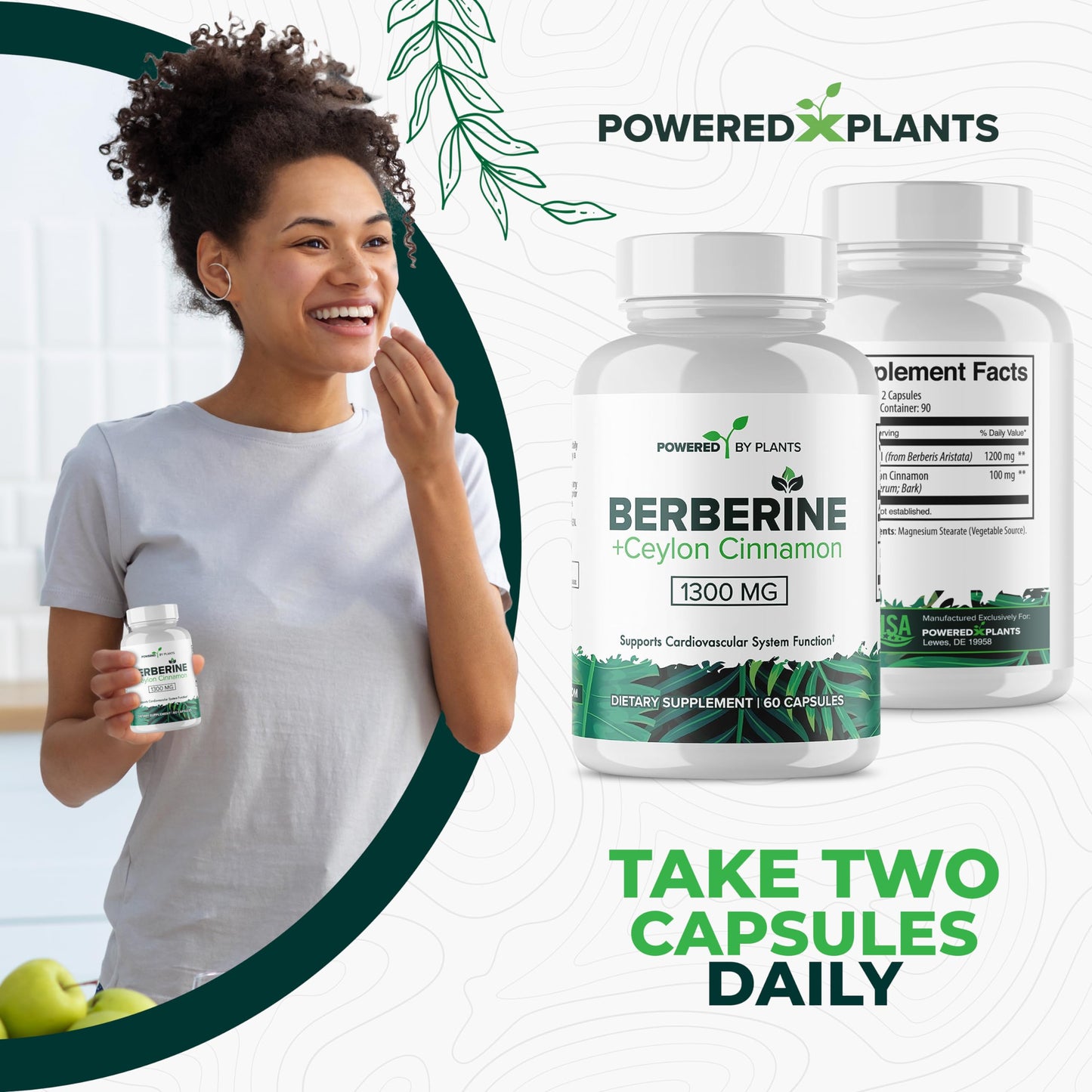 POWERED X PLANTS Pure Berberine Supplement - 1300mg Berberine with Ceylon Cinnamon for Metabolism & Immune System Support - 60 Servings - Medaid International