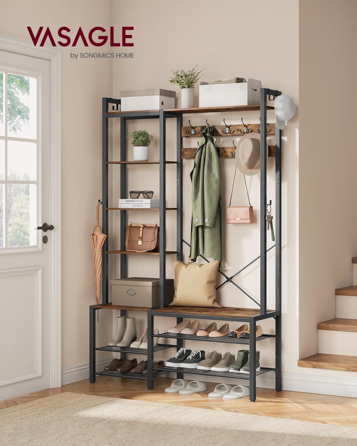 VASAGLE Hall Tree with Bench and Shoe Storage HSR426B01