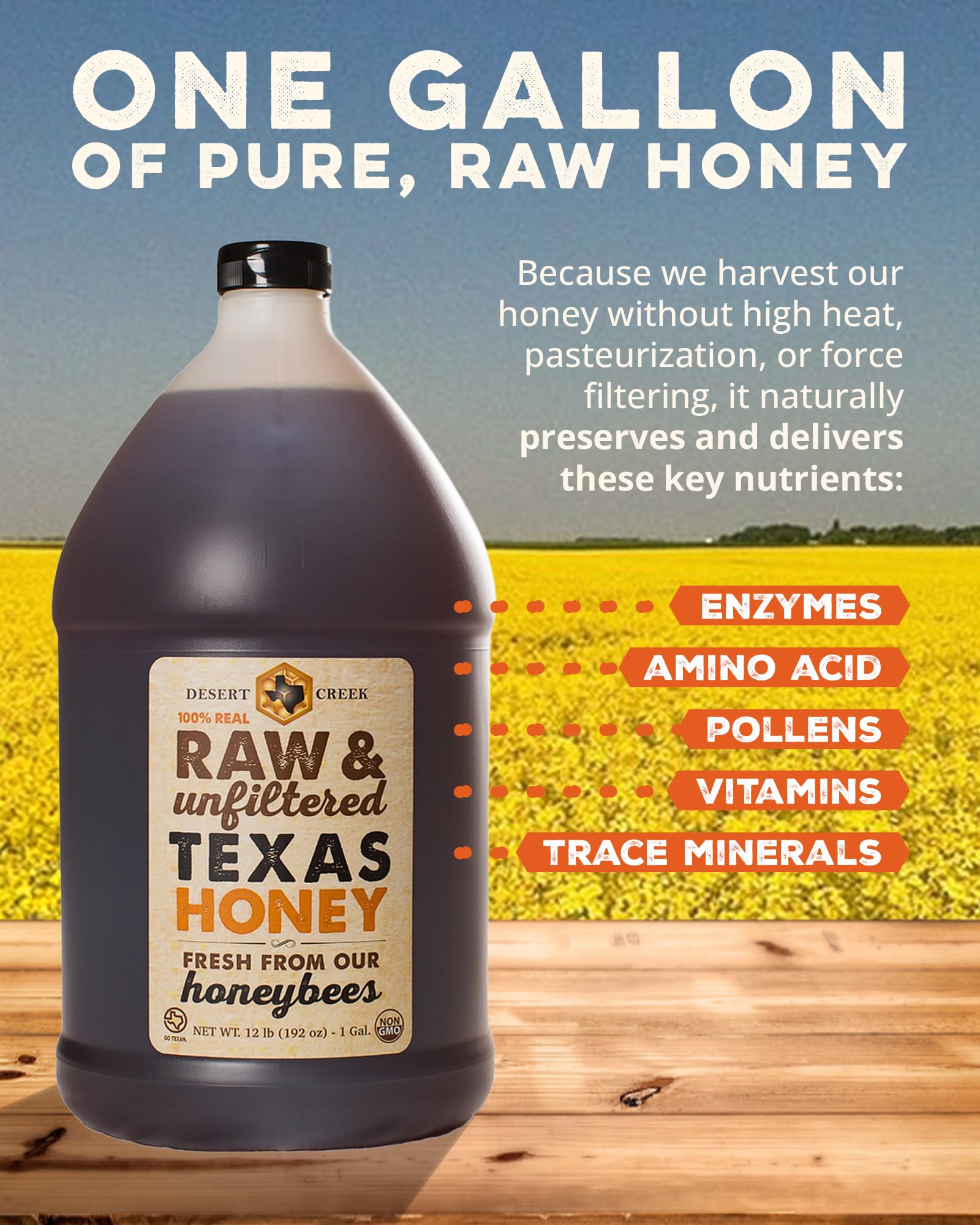 Desert Creek Honey - 100% Unfiltered, Pure, Raw Honey from Texas - Natural Sugar Substitute - One Gallon of Bulk Unprocessed, Unpasteurized American Honey - Harvested by Our Own Beekeepers - Medaid International