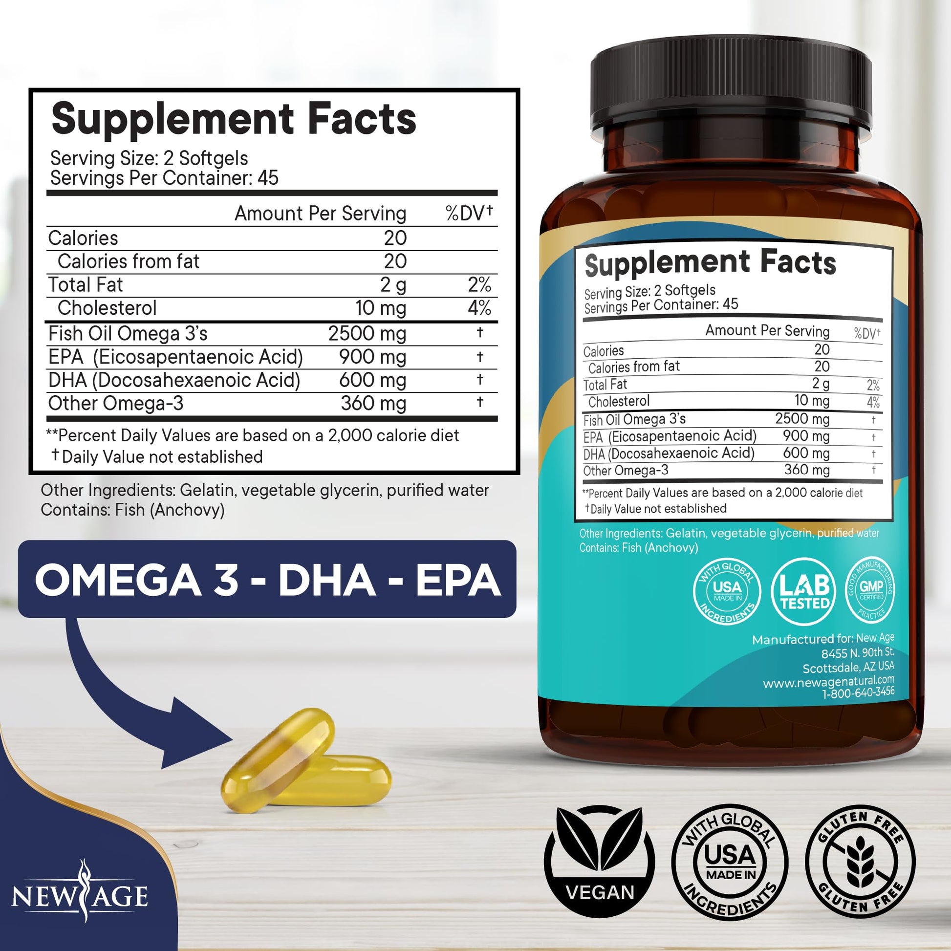 NEW AGE Omega 3 Fish Oil 2500mg Supplement Non GMO - EPA, DHA Fatty Acids Gluten Free (180 Softgels (Pack of 2)) - Medaid International