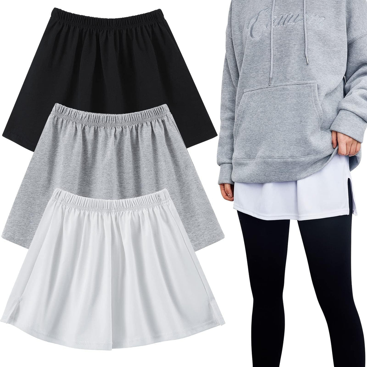 TERRIFI 3 Pieces Adjustable Layering Fake Top Lower Sweep Skirt Set - Stylish A-Line Flared Shirt Extenders for Women(S)