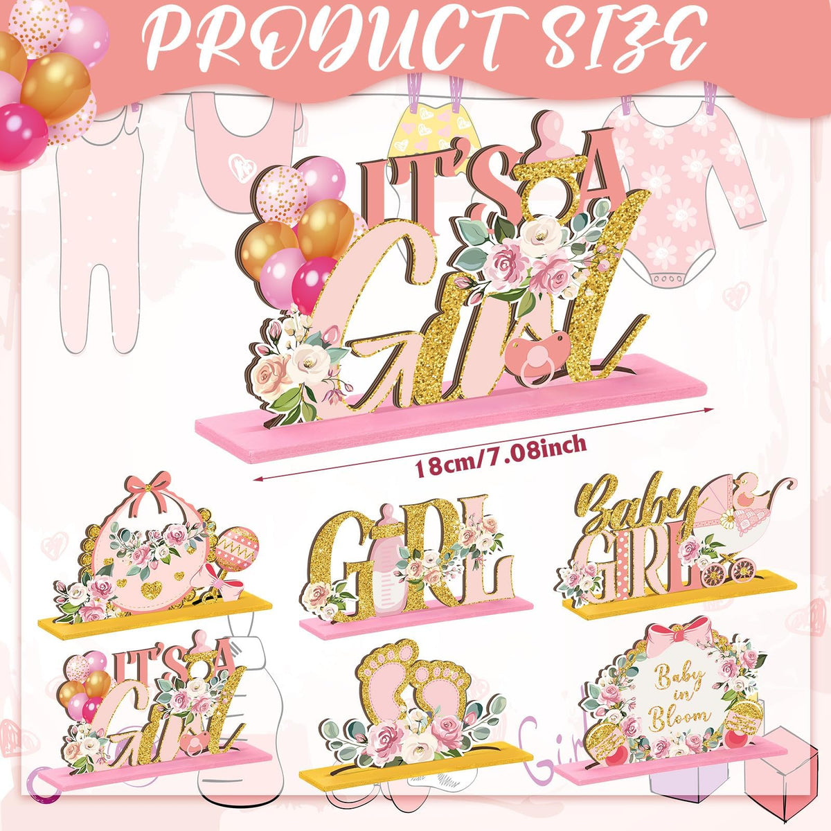 KASTWAVE 6 Pcs Floral Baby Shower Table Centerpieces, Wooden Baby in Bloom Decorations with Pink Rose Gold Letters, It's a Girl Gender Reveal Party Supplies, Summer Birthday Photo Props