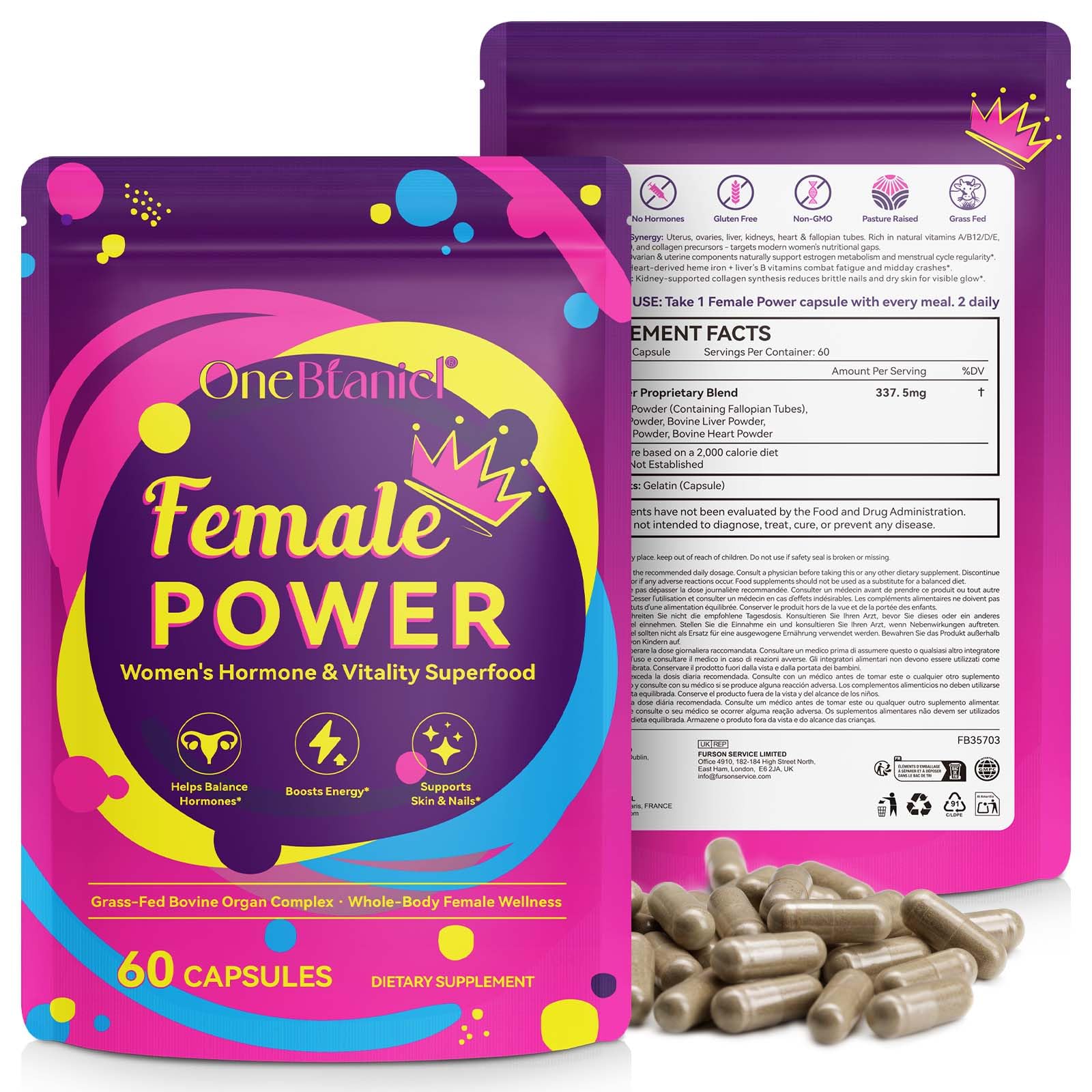 Beef Organ Supplement for Women with Beef Liver, Kidney, Heart and Uterus Tissue, Supports Women's Overall Wellness, Hormone Balance, Energy, Skin Health, 100% Grass Fed, Non-GMO, 60 Capsules - Medaid International