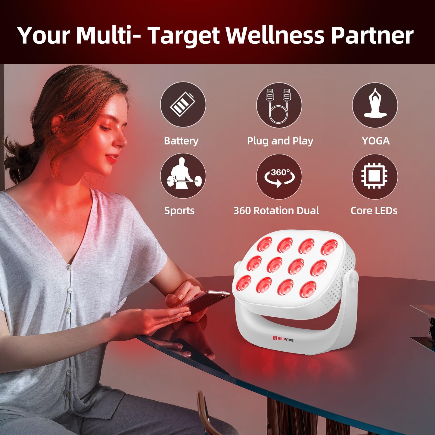 Red Light Therapy, Near Infrared 660nm 850nm Portable Red Light Therapy for Face and Body 4000mAh Battery Include Rotate 360 Degrees 12LEDS Dual Chip Device at Home Sport Yoga - Medaid International