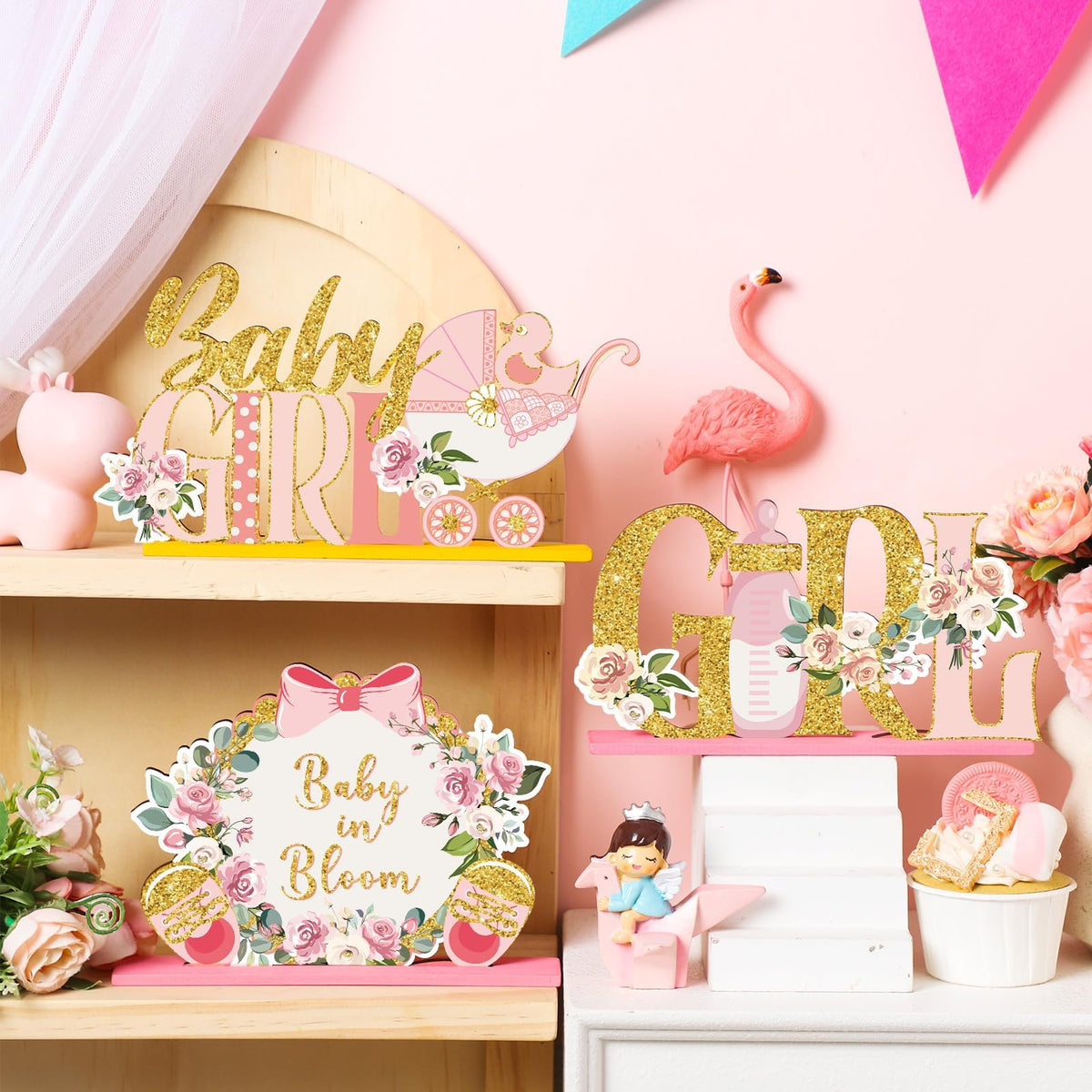KASTWAVE 6 Pcs Floral Baby Shower Table Centerpieces, Wooden Baby in Bloom Decorations with Pink Rose Gold Letters, It's a Girl Gender Reveal Party Supplies, Summer Birthday Photo Props
