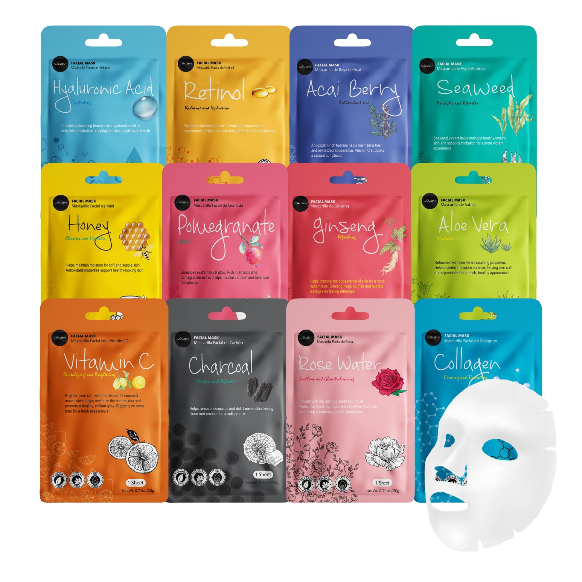 celavi Face Mask Set Korean Beauty Essence Facial Paper Sheet Mask Korea Skin Care Moisturizing 2 Packs of each 12 New flavors K-Beauty Skincare 24 masks in a pack Made in Korea - Medaid International