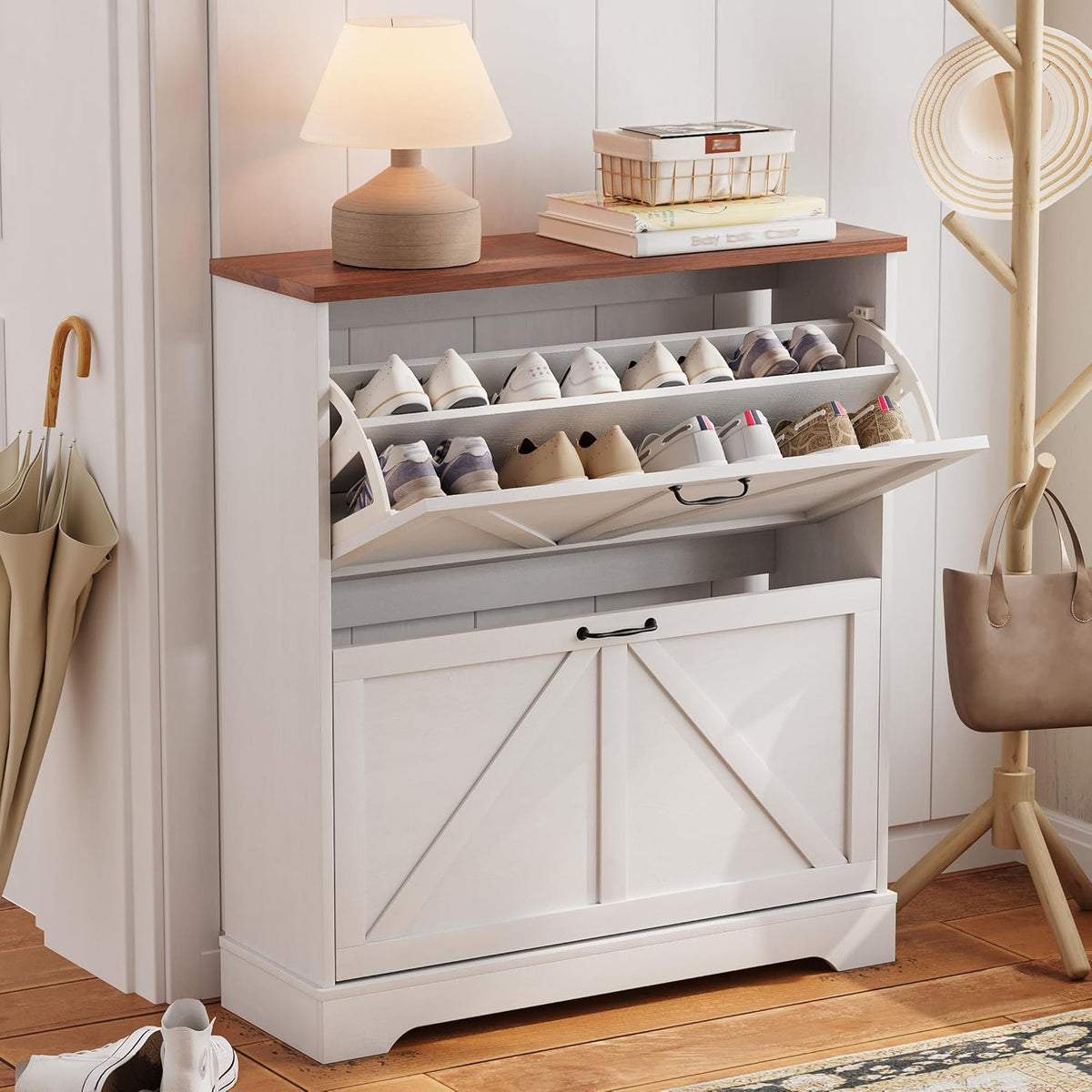 Farmhouse Shoe Storage Cabinet with 2 Flip Drawers (202665c)