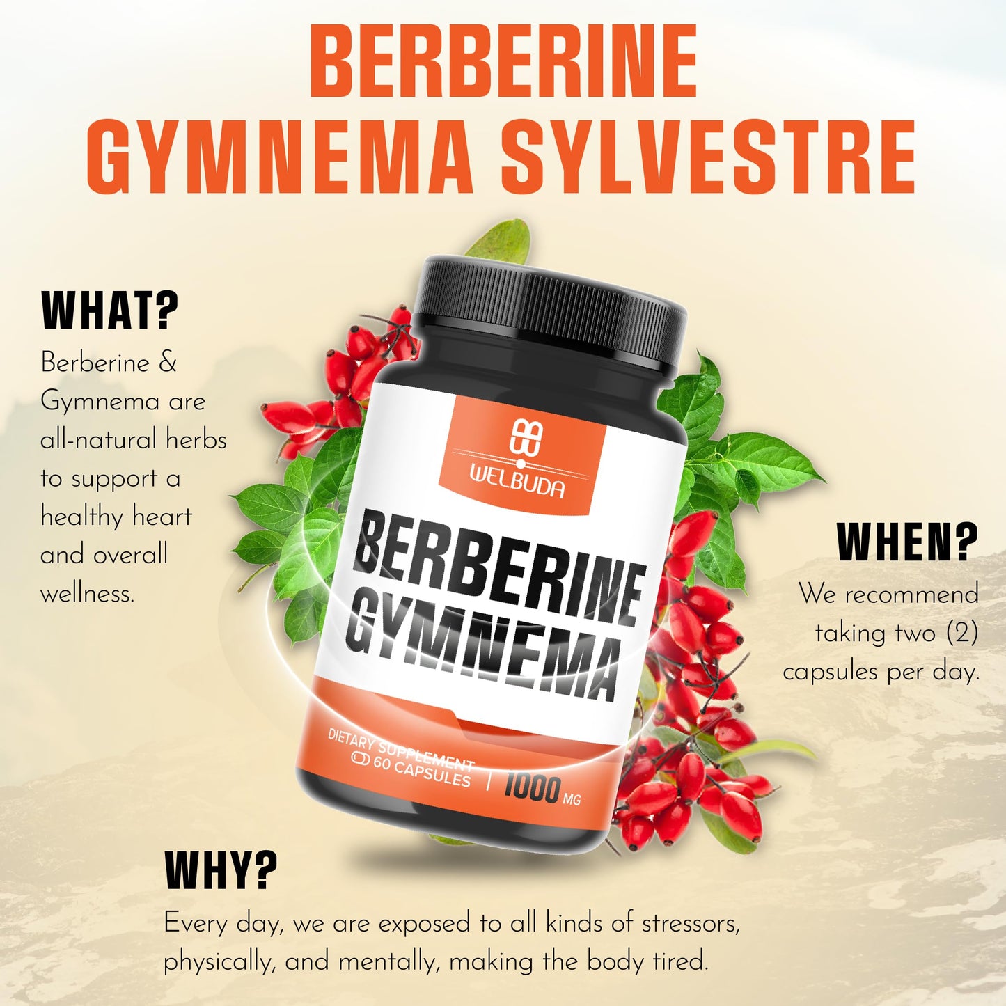 WELBUDA 1000mg Berberine Supplement with Organic Gymnema Sylvestre Leaf - 60 Capsules with High Concentrated Extract - Support for Immune System, Circulatory Health & Gastrointestinal Function - Medaid International