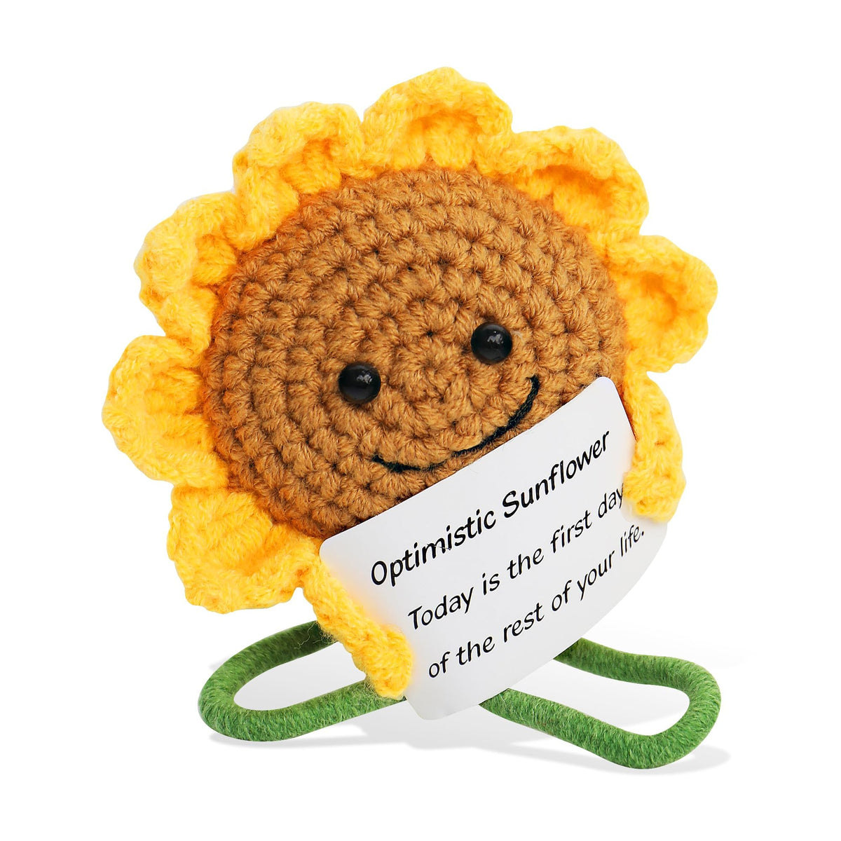 KASTWAVE Positive Flower Doll, Gifts Funny Crochet Flower Knitted Toy with Positive Card, Soft Handmade Wool Knitted Encouragement Gifts for Birthday Gifts, Room Decor, Positive Sunflower