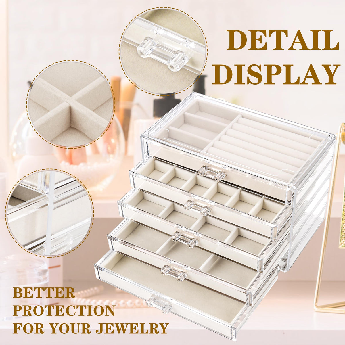 TERRIFI Acrylic Jewelry Organizer with 5 Drawers, Velvet-Lined Jewelry Storage Display, Earring Holder and Necklace Organizer, Elegant Gift for Women, Ideal for Storing and Displaying Jewelry