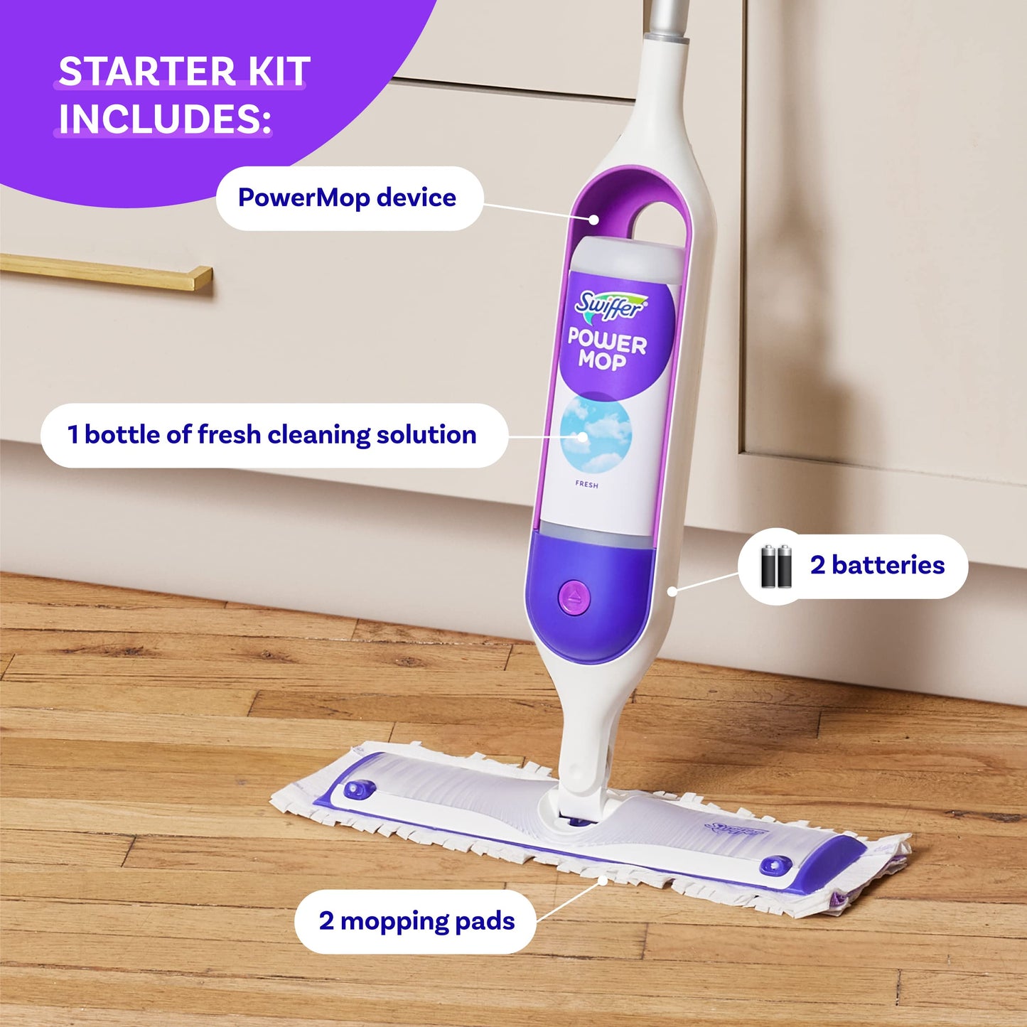 Swiffer PowerMop Multi-Surface Mop Kit for Floor Cleaning, Includes PowerMop, 2 Mopping Pad Refills, 1 Cleaning Solution with Fresh Scent and 2 Batteries - Medaid International