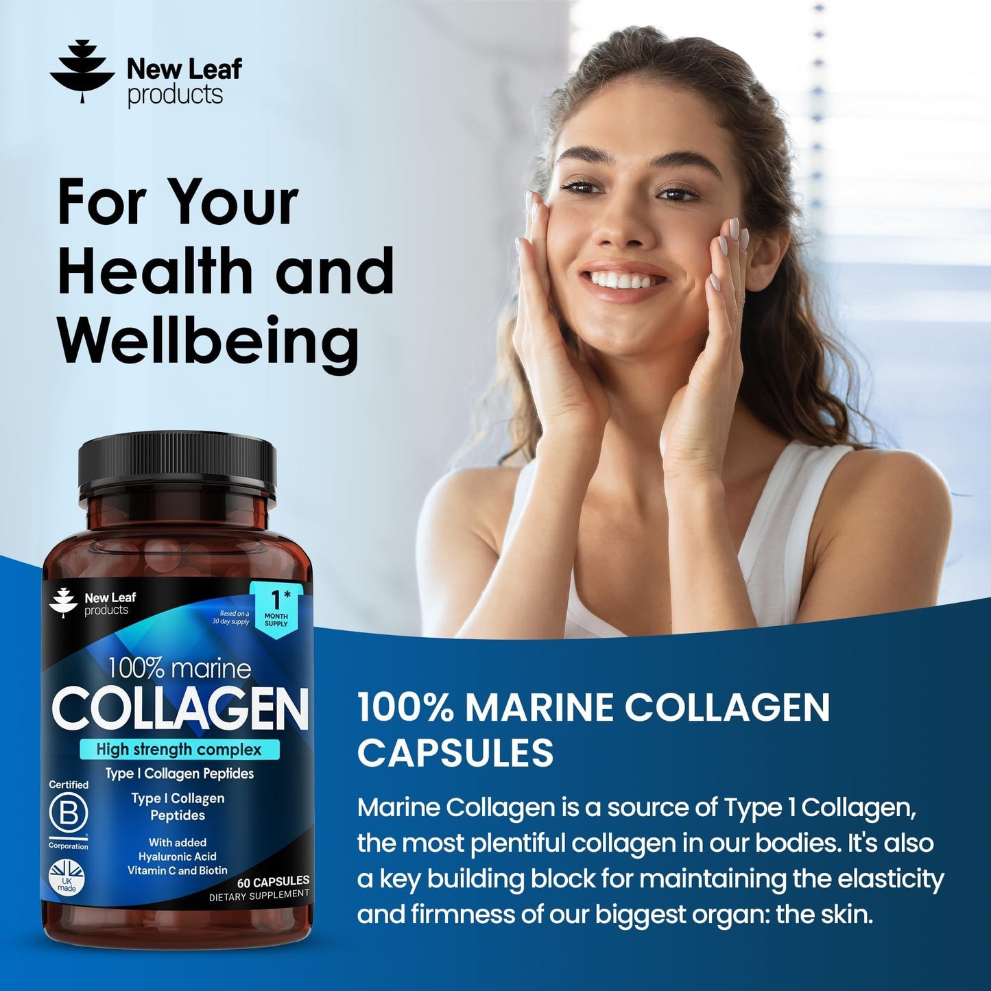 Pure Marine Collagen 100% Marine Collagen Type 1 1300mg - Hydrolysed Collagen Peptides Enhanced with Hyaluronic Acid & Vitamin C, High Strength Collagen Supplements for Women and Men, 60 Tablets - Medaid International