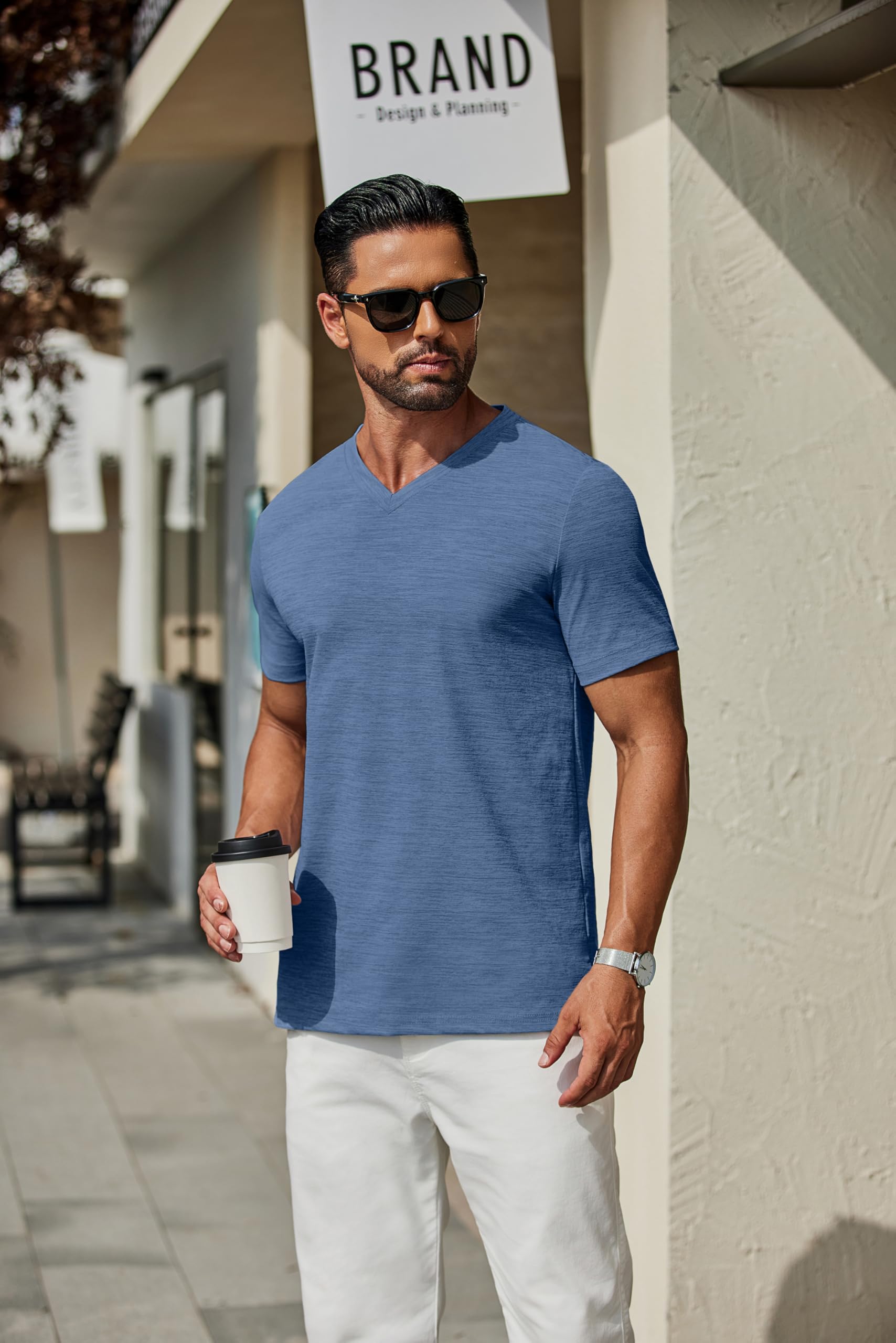COOFANDY Men's T Shirts Short Sleeve Classic V Neck T-Shirt Casual Summer Basic Tee Shirt Dark Blue - Medaid International