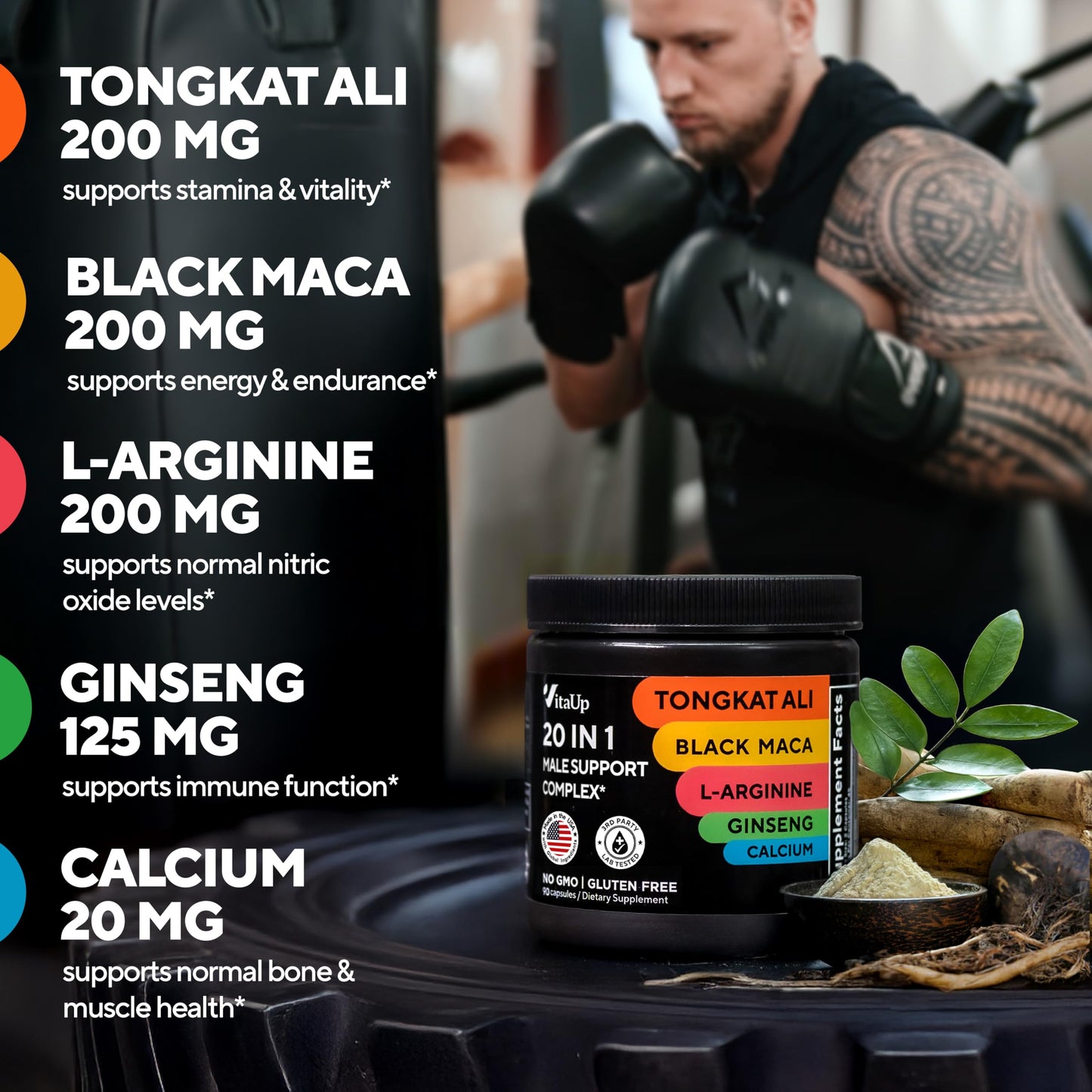 VitaUp Tongkat Ali for Men 20 in 1 with Astragalus - USA Made Mens Supplement Complex with Black Maca Root, L-Arginine, Ginseng, Calcium, Astragalus for Normal Strength & Endurance Support - 90 Caps - Medaid International