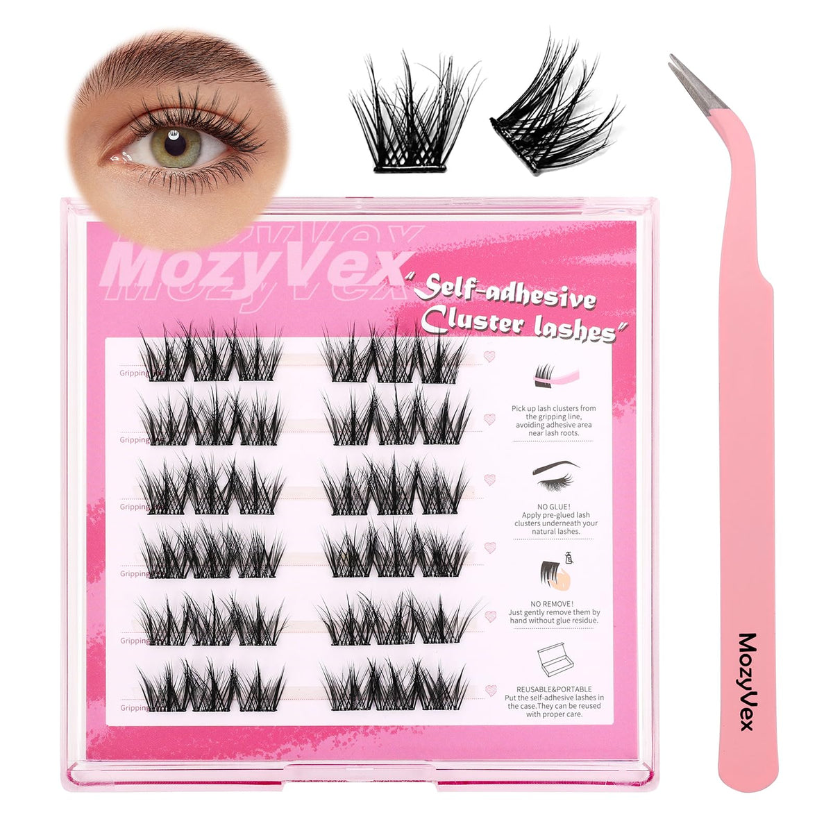 36pcs Self Adhesive Lash Clusters Reusable DIY Eyelash Extensions - D Curl 10-16mm Pre-Glued Lash Clusters No Glue Needed, Includes Tweezers for 1-STEP Easy Application