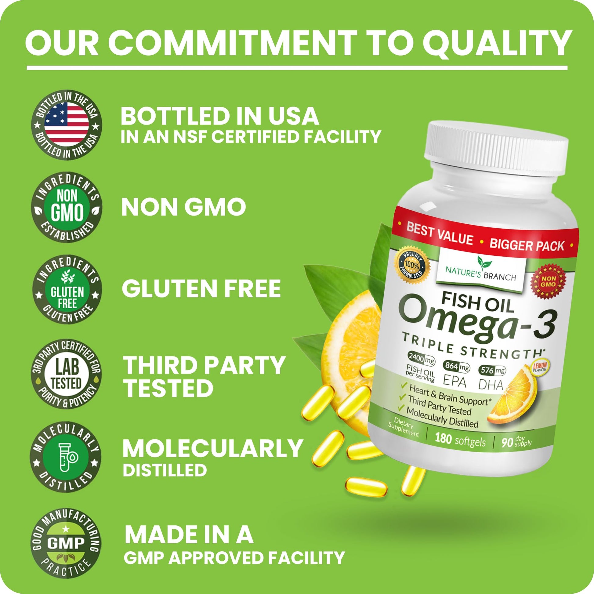 Best Triple Strength Omega 3 Fish Oil Pills - 180 Capsules - 2400mg High Potency Burpless Lemon Flavor 864mg EPA 576mg DHA Ultra Pure Liquid Softgels for Brain Joints Eyes Heart Health Supplement - Medaid International