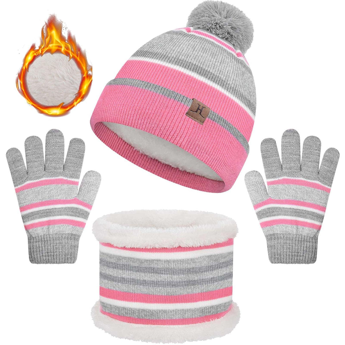 Kids Warm Beanie Hat Scarf Gloves Set 3 in 1 Thermal Knit Hat Scarf Gloves Set Winter Accessories Sets Snood Scarf Gloves Set with Double Layer Fleece Lining Boys Girls