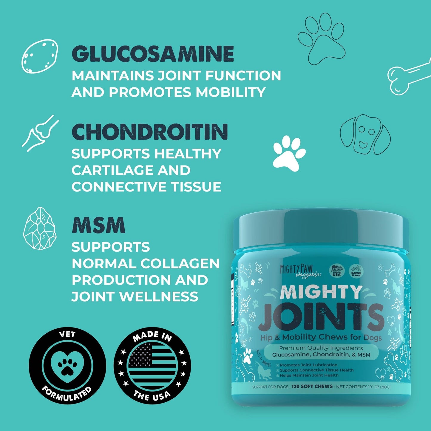 Mighty Paw Waggables Joint Support Supplement for Dogs (Made in USA) | Glucosamine for Dogs Hip and Joint Supplement. Vet Formulated Pet Mobility, Chondriotin & MSM Pet Chews (120 Ct)
