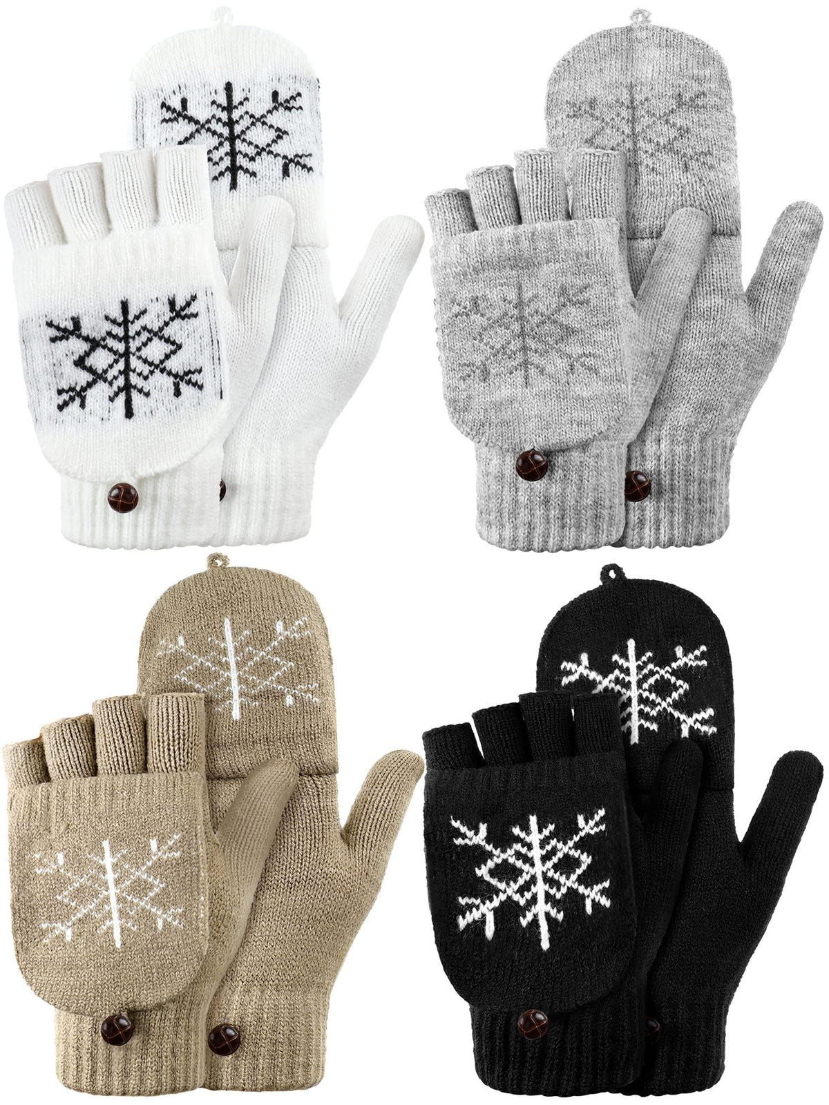 KASTWAVE 4 Pairs Women’s Winter Knitted Convertible Fingerless Gloves – Flip Cover Wool Mittens (White/Black/Gray/Khaki) | Warm Half-Finger Gloves for Typing/Writing/Chores, One Size Fits Most