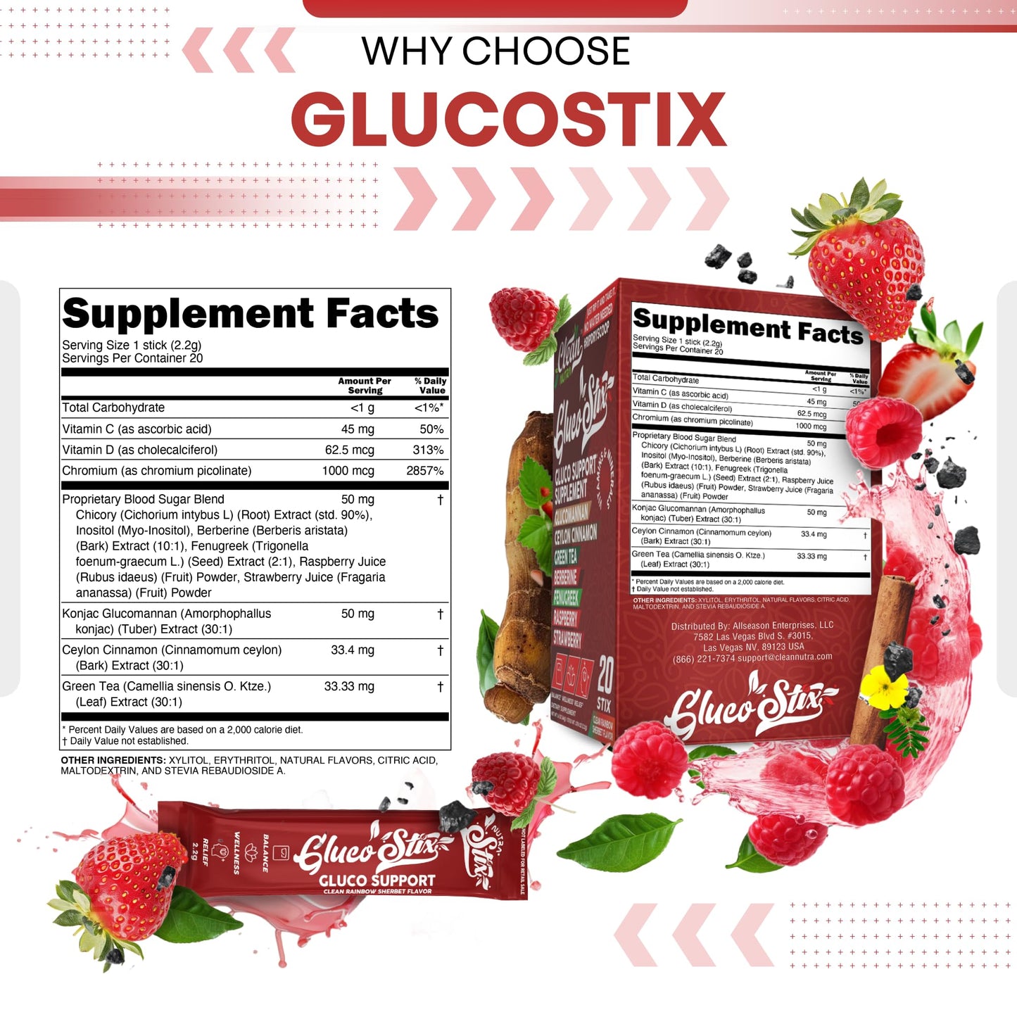 Clean Nutraceuticals Ceylon Cinnamon Powder, Green Tea Extract, Glucomannan, Berberine Supplement, Chromium Picolinate, Apple Cider Vinegar – Rainbow Sherbet Powder Sticks - 20 Count - Medaid International