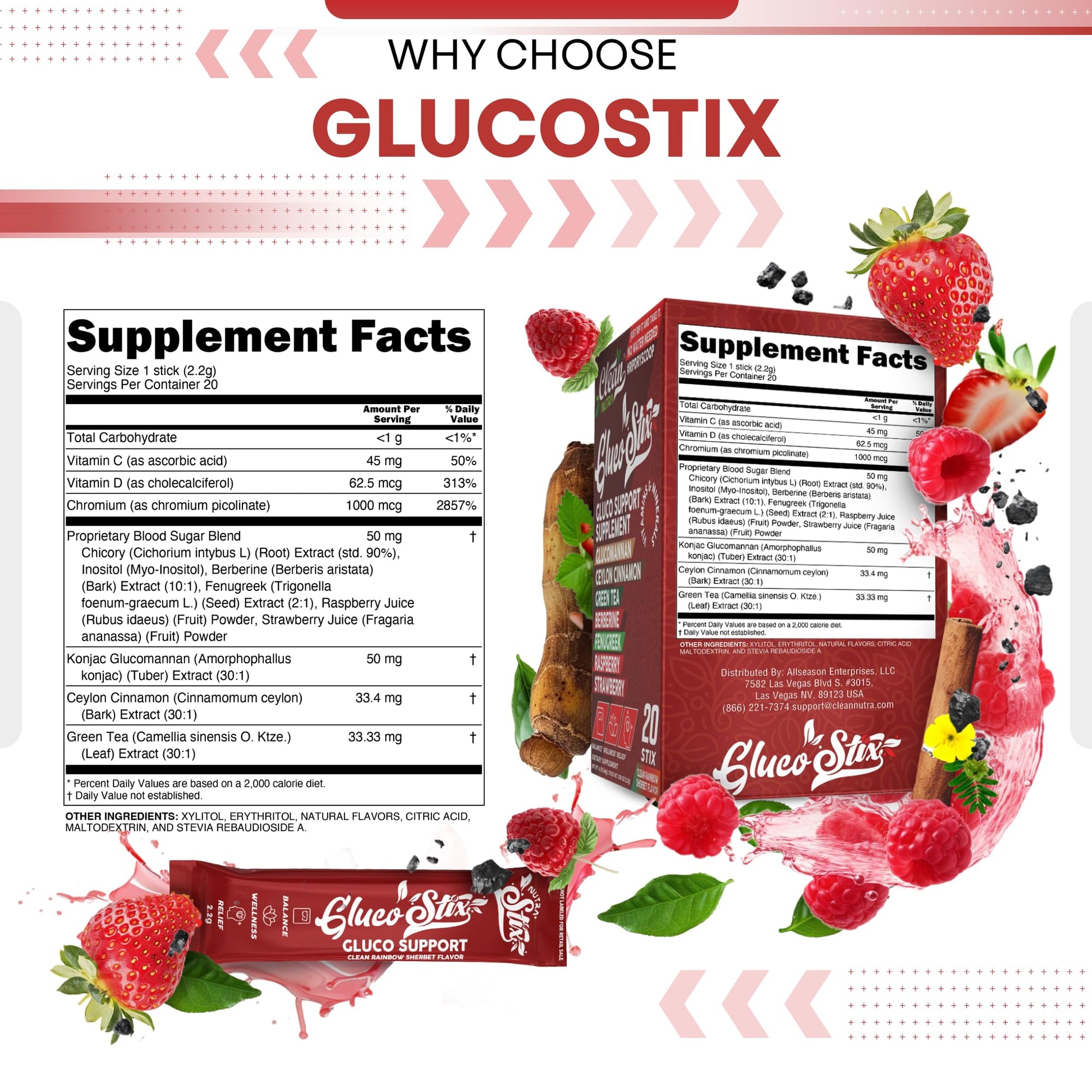 Clean Nutraceuticals Ceylon Cinnamon Powder, Green Tea Extract, Glucomannan, Berberine Supplement, Chromium Picolinate, Apple Cider Vinegar – Rainbow Sherbet Powder Sticks - 20 Count - Medaid International