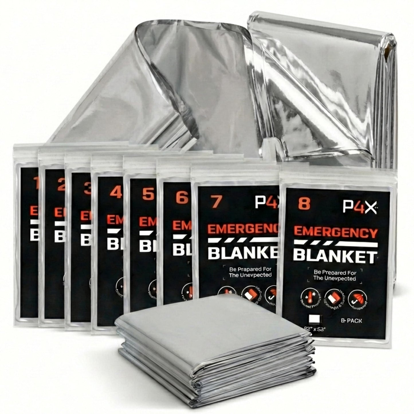 PREPARED4X 8-Pack Large Mylar Emergency Blanket - Mylar Blankets Survival Thick Reusable - Waterproof, Rip, and Tear Resistant Survivalist Gear - Emergency Thermal Blanket for Outdoors 82"x82"