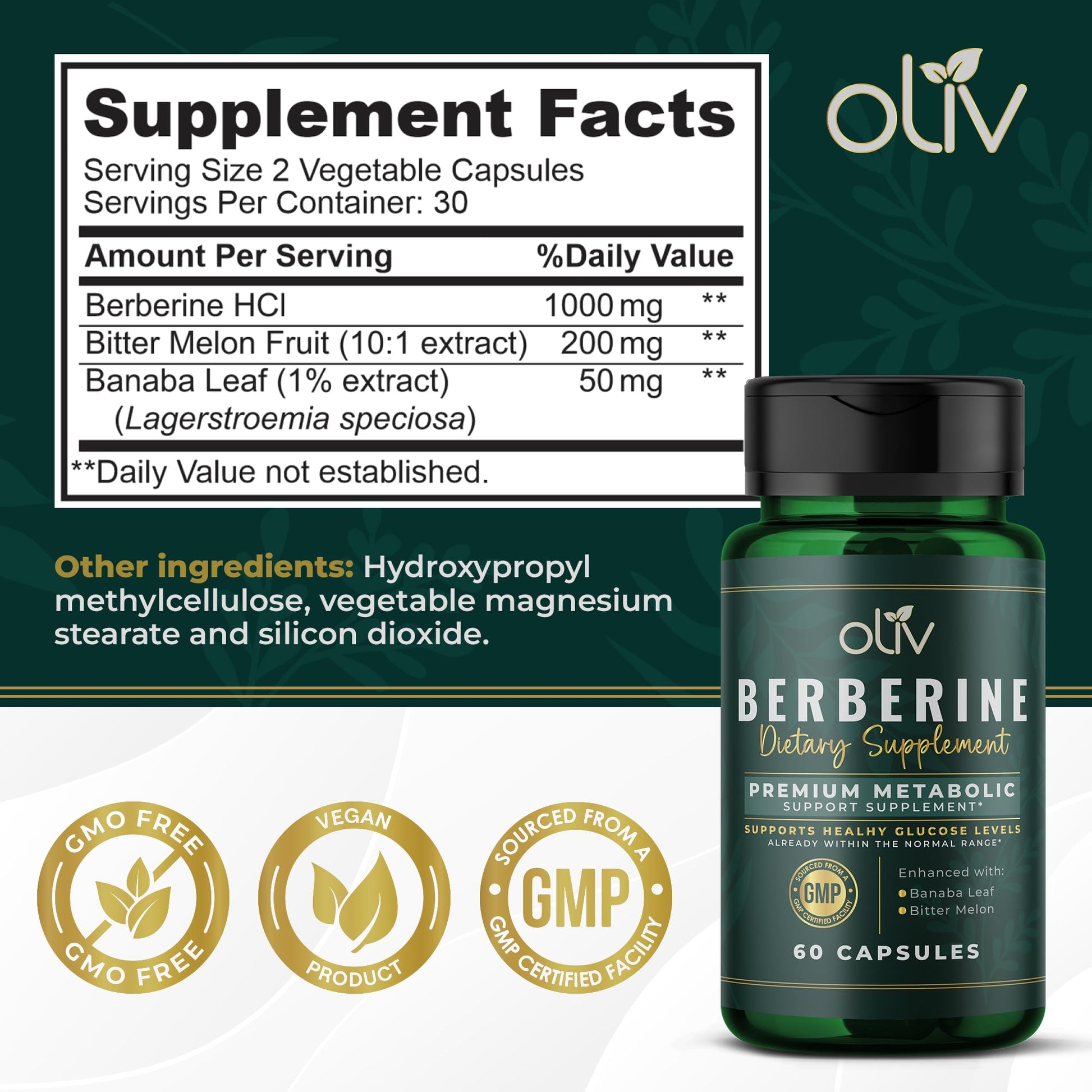oliv Pure Berberine Supplement Capsules – Berberine HCI 1000mg - Natural Metabolic Support with 200mg Bitter Melon Fruit Extract and 50mg Banaba Leaf – 2 Veggie Capsules Daily (30 Servings) - Medaid International