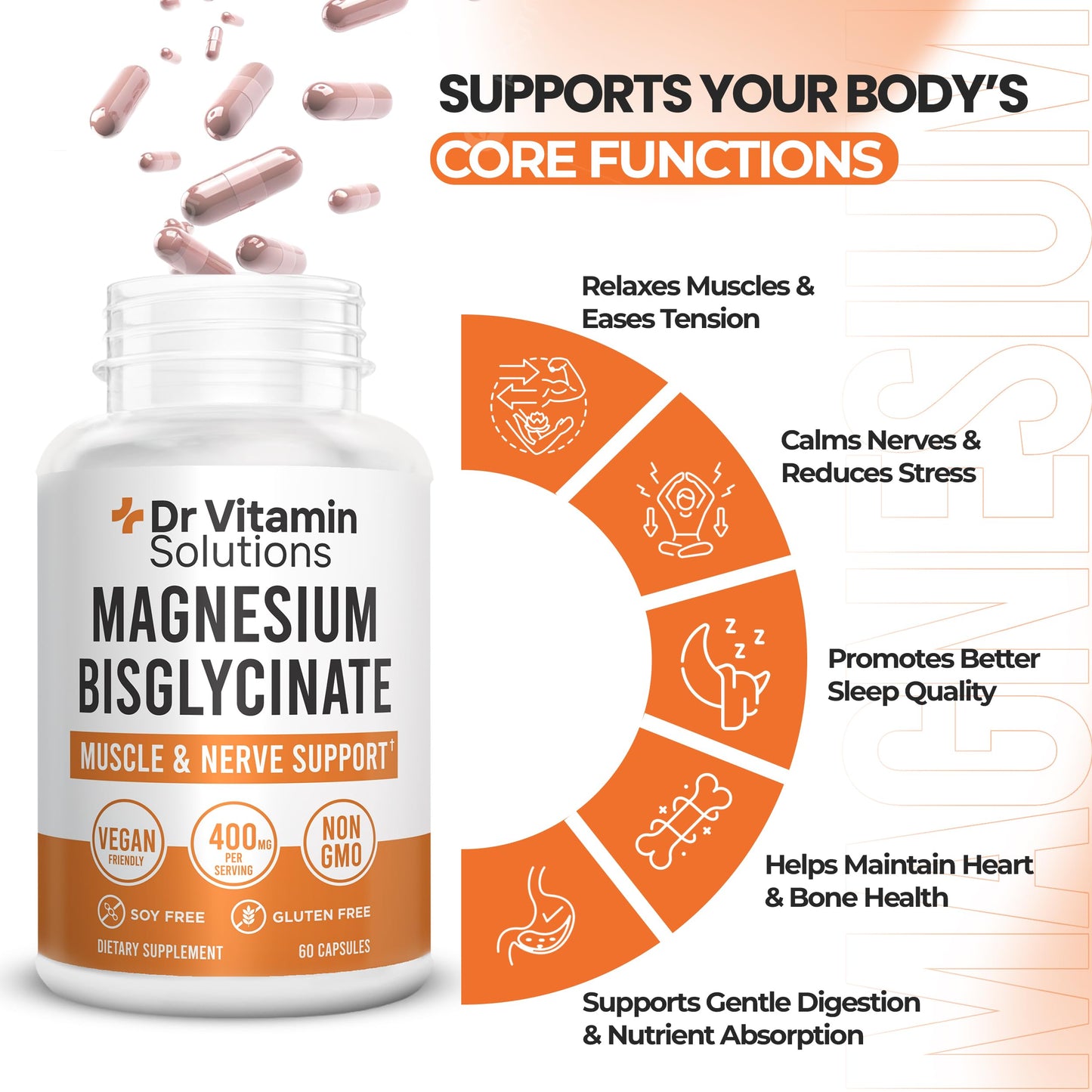 DR VITAMIN SOLUTIONS Magnesium Bisglycinate Chelate 400mg | High Absorption Albion® Chelated Magnesium Glycinate Supplement for Sleep, Muscle, Nerve Support | Stomach-Friendly 60 Vegan Capsules - Medaid International