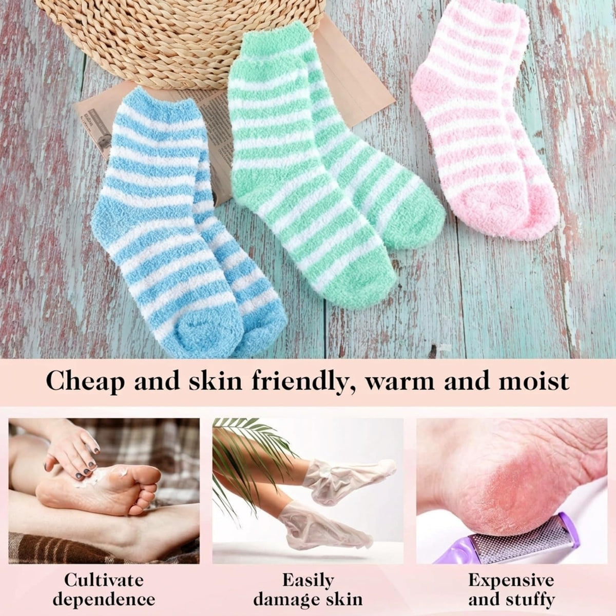 Aloe Infused Moisturizing Socks, 3 Pairs Coral Fleece, Non Slip