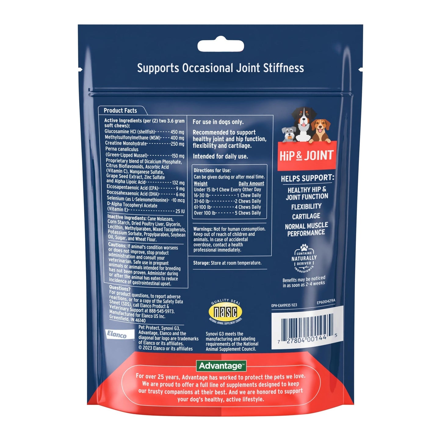 Pet Protect Dog Hip & Joint Supplement for Occasional Joint Stiffness, Vet-Formulated Synovi G3, Dog Glucosamine, Chicken-Flavored Soft Chews (120 Count)