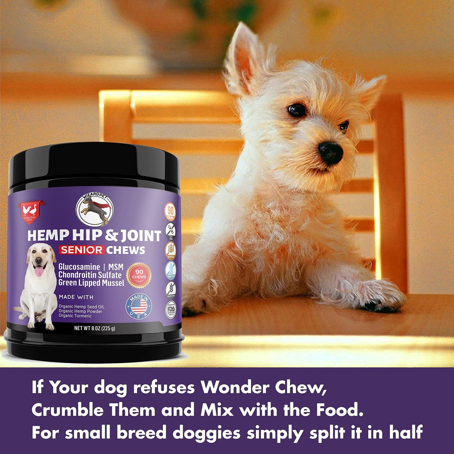WIZARDPET Mobility Hemp Oil Hip & Joint Supplement for Senior Dogs Chondroitin Glucosamine MSM Turmeric Green Lipped Mussel Extra Strength Formula for Dog 90 Chews