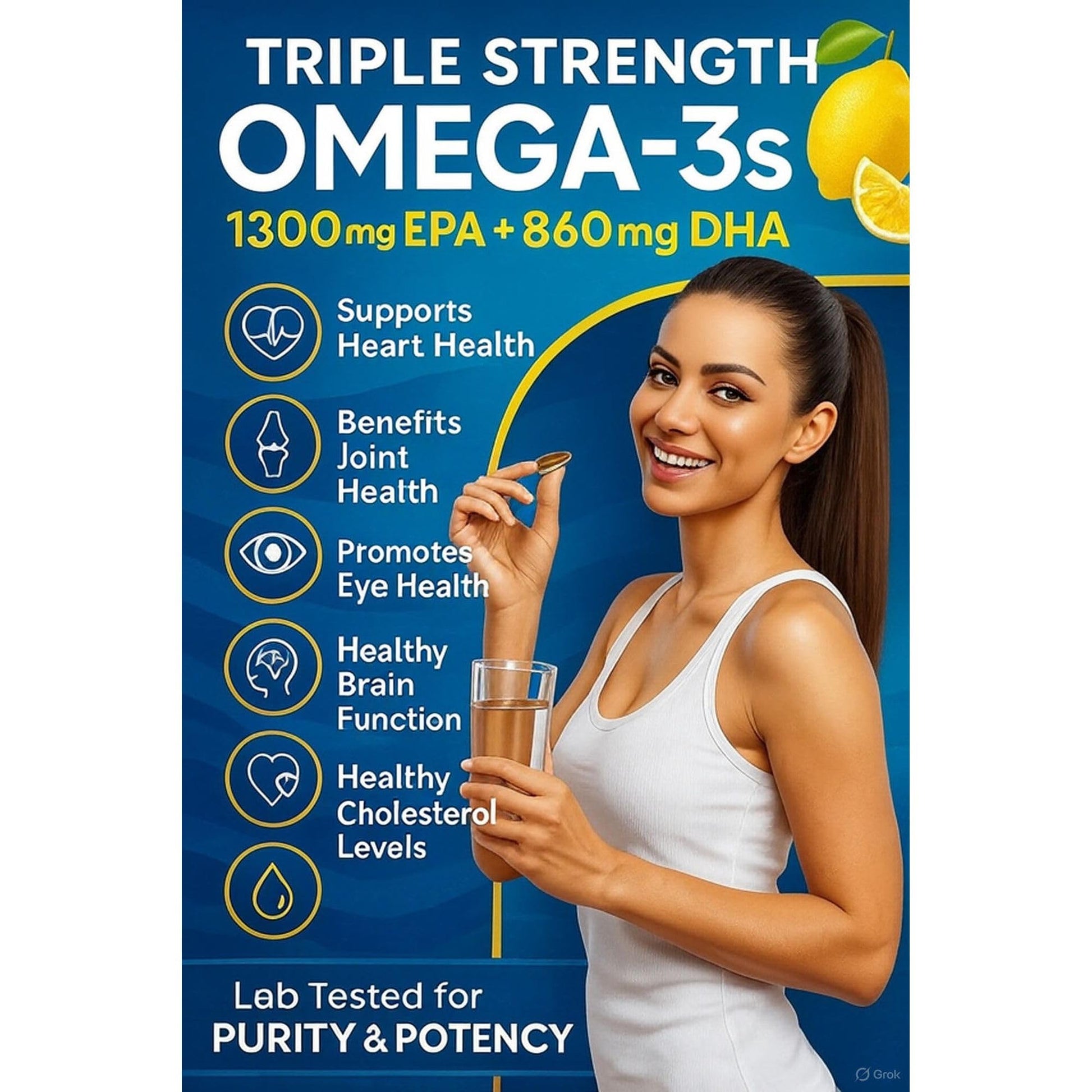 Triple Strength Omega 3 Fish Oil 3600mg – 1300mg EPA & 860mg DHA- Once Daily – Burpless Lemon Flavor, – Supports Heart, Brain, Joint & Eye Health – Wild Caught, Non-GMO, 90 Softgels, 3-Month Supply - Medaid International