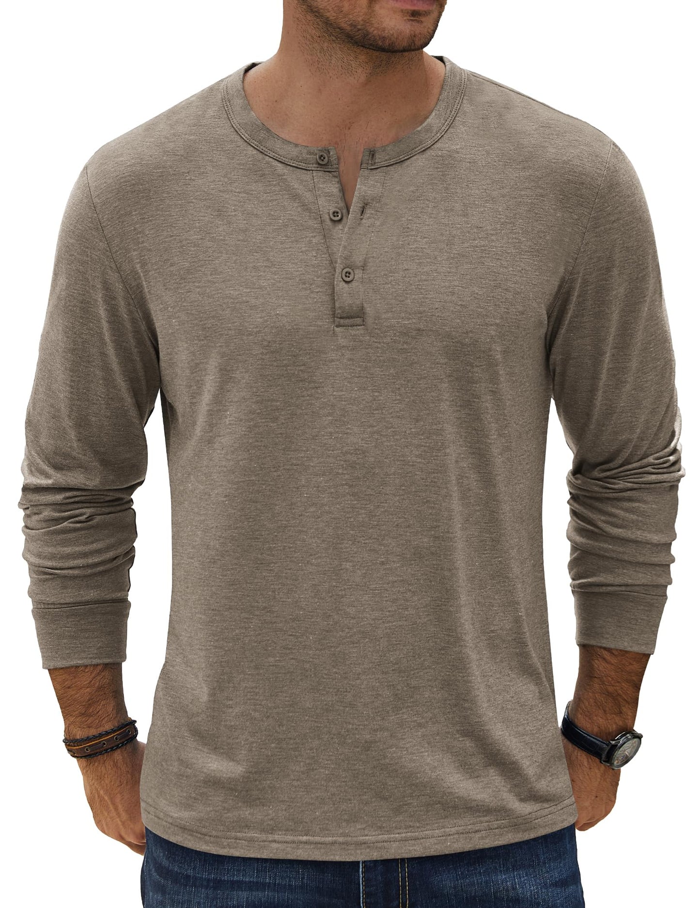 COOFANDY Men's Henley Shirts Long Sleeve Casual Vintage T-Shirt Lightweight Soft Stretch Tees Fall Henley Pullover Tops Khaki - Medaid International