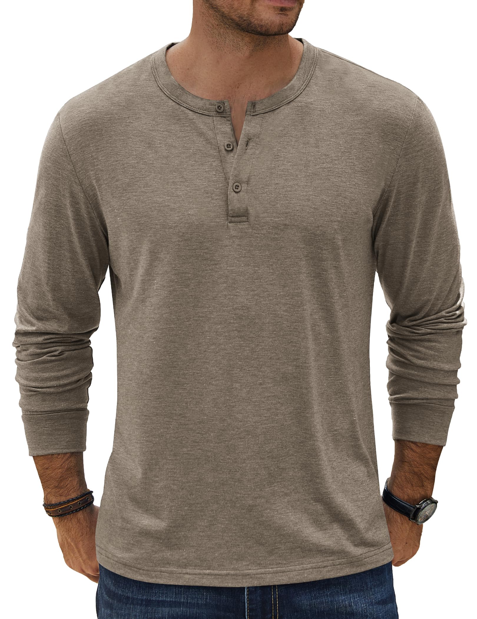 COOFANDY Men's Henley Shirts Long Sleeve Casual Vintage T-Shirt Lightweight Soft Stretch Tees Fall Henley Pullover Tops Khaki - Medaid International