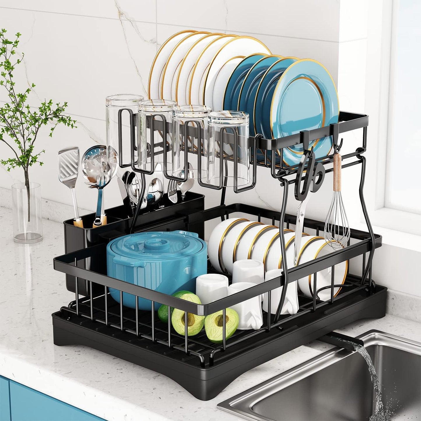 Neo 2 Tier Dish Drain Rack with Draining Outlet