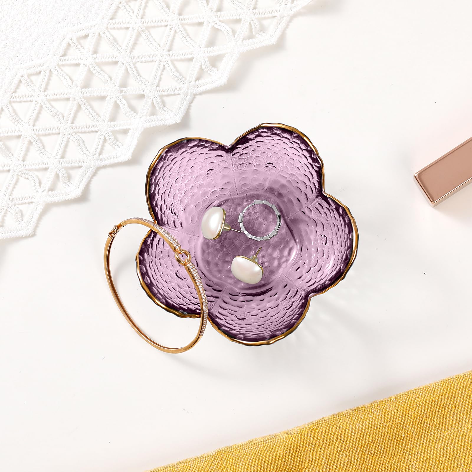 Purple Flower Jewelry Dish Glass Ring Holder Dish Jewelry Tray Cute Vanity Organizer Aesthetic Nightstand Bathroom Room Decor Trinket Dish Valentine's Friendship Christmas Birthday Gifts for Women - Medaid International