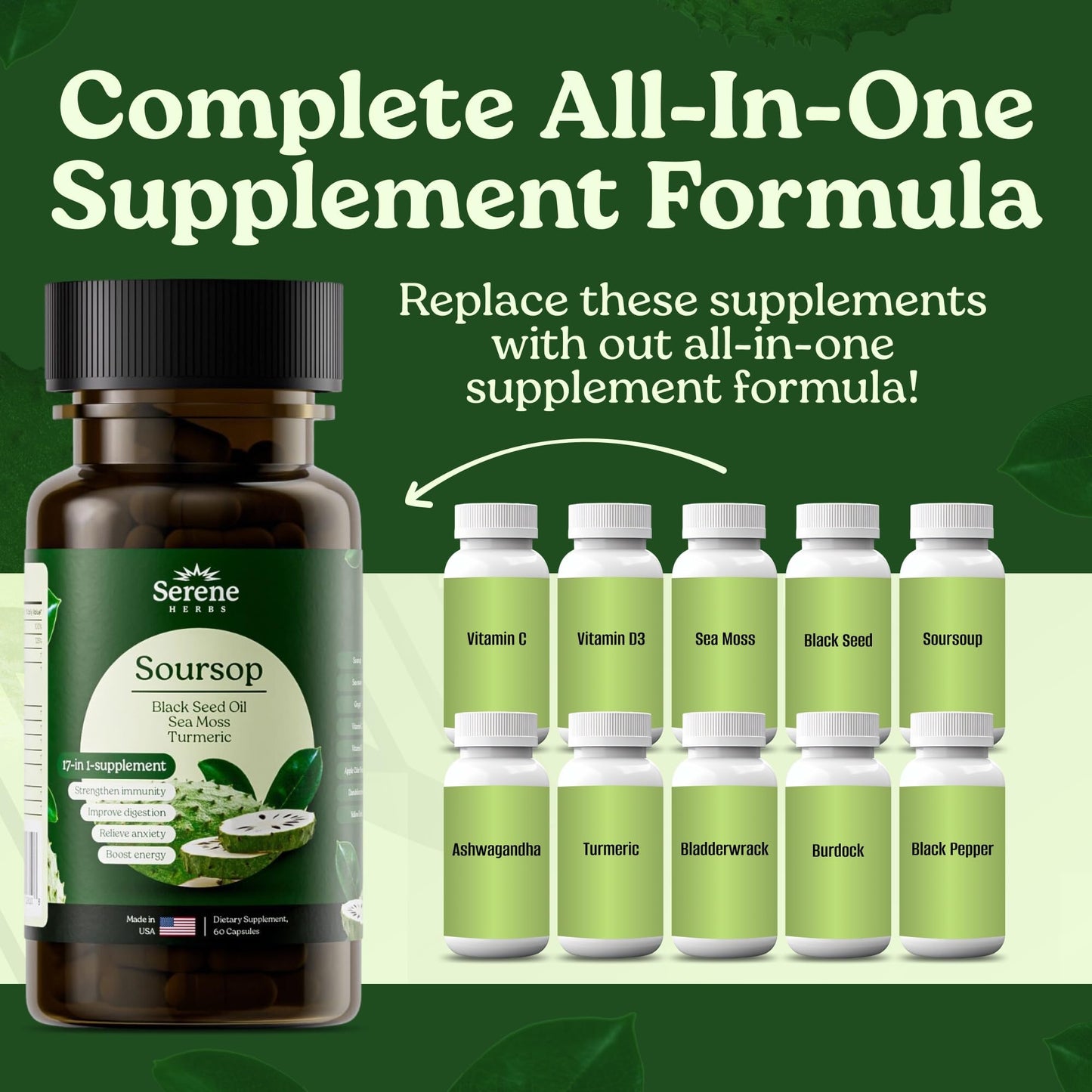 Serene Herbs 17-in-1 Sea Moss Capsules with Irish Seamoss, Black Seed Oil, Ashwagandha, Turmeric & Bladderwrack - Advanced Immunity, Energy & Gut Support - Natural Herbal Supplement - 60 Count - Medaid International