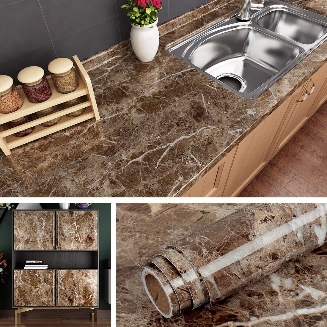 Livelynine Counter Top Covers Peel and Stick Brown Marble Contact Paper for Countertops Waterproof Wallpaper Kitchen Countertop Laminate Sheets Table Desk Cover Marble Vinyl Wrap Bathroom 15.8x78.8 - Medaid International
