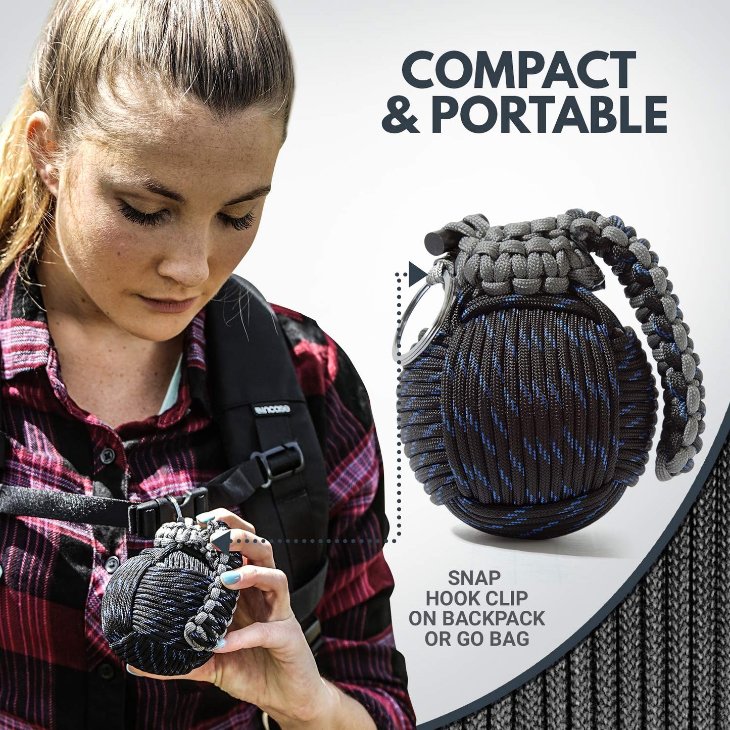 Paracord Emergency Carabiner Grenade with 48 Survival Tools (Blue+Black) - Grenade-Tied 550 Parachute Cord for Outdoor Preparedness - Holtzman's Gorilla Survival