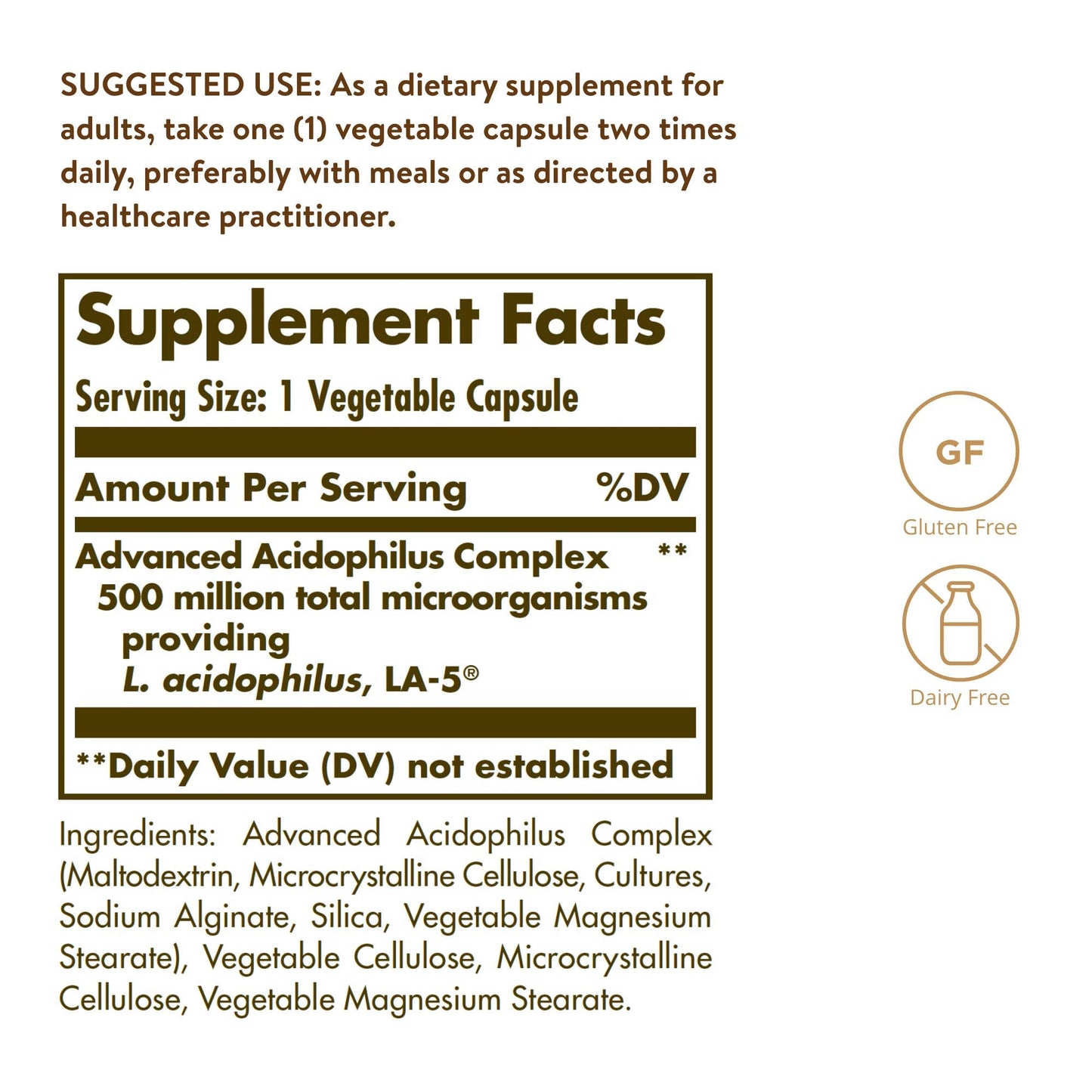 Solgar Advanced Acidophilus, 100 Vegetable Capsules - Supports Healthy Intestinal Flora - 500 Million Microorganisms Per Serving - Gluten & Dairy Free - Vegetarian - 100 Servings - Medaid International