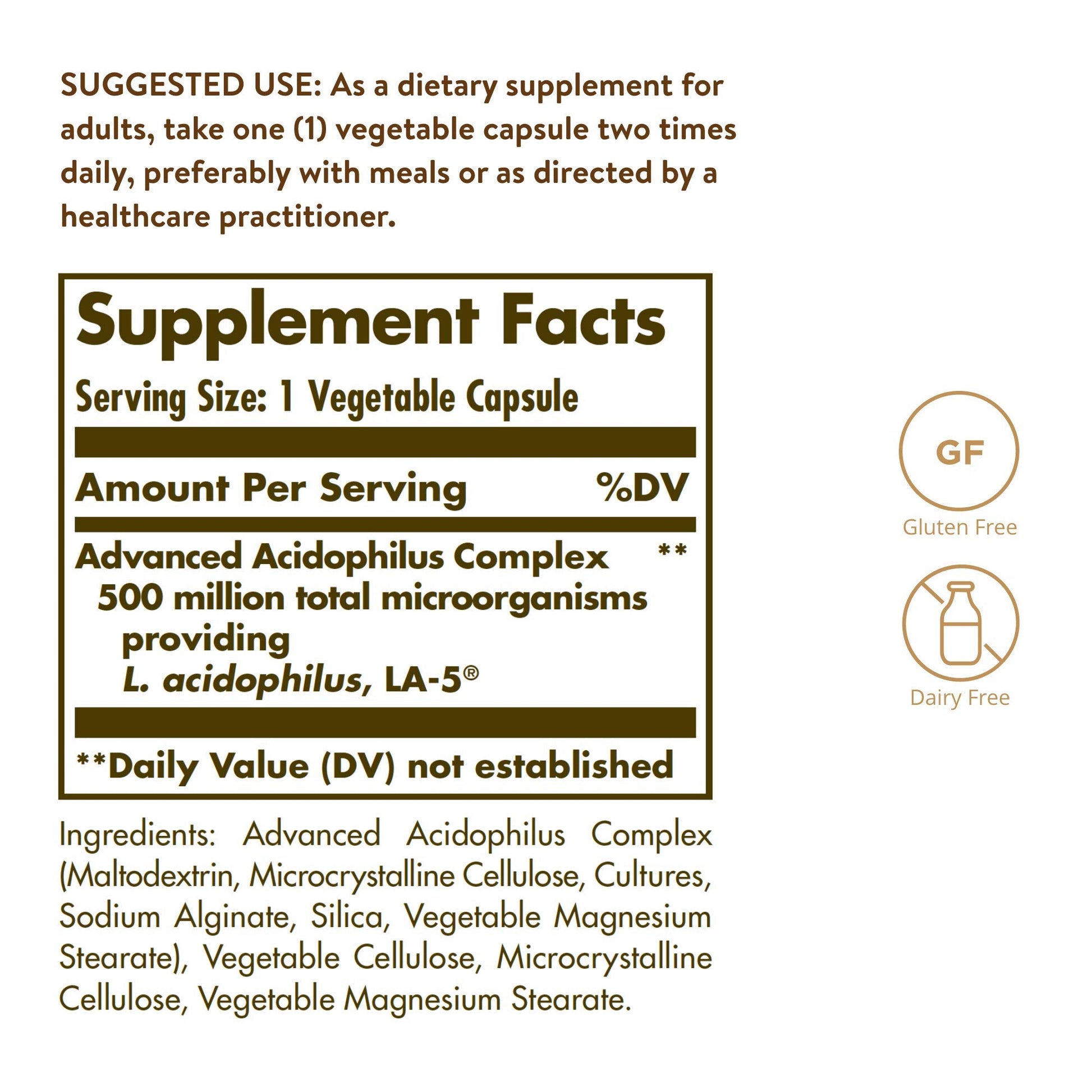 Solgar Advanced Acidophilus, 100 Vegetable Capsules - Supports Healthy Intestinal Flora - 500 Million Microorganisms Per Serving - Gluten & Dairy Free - Vegetarian - 100 Servings - Medaid International