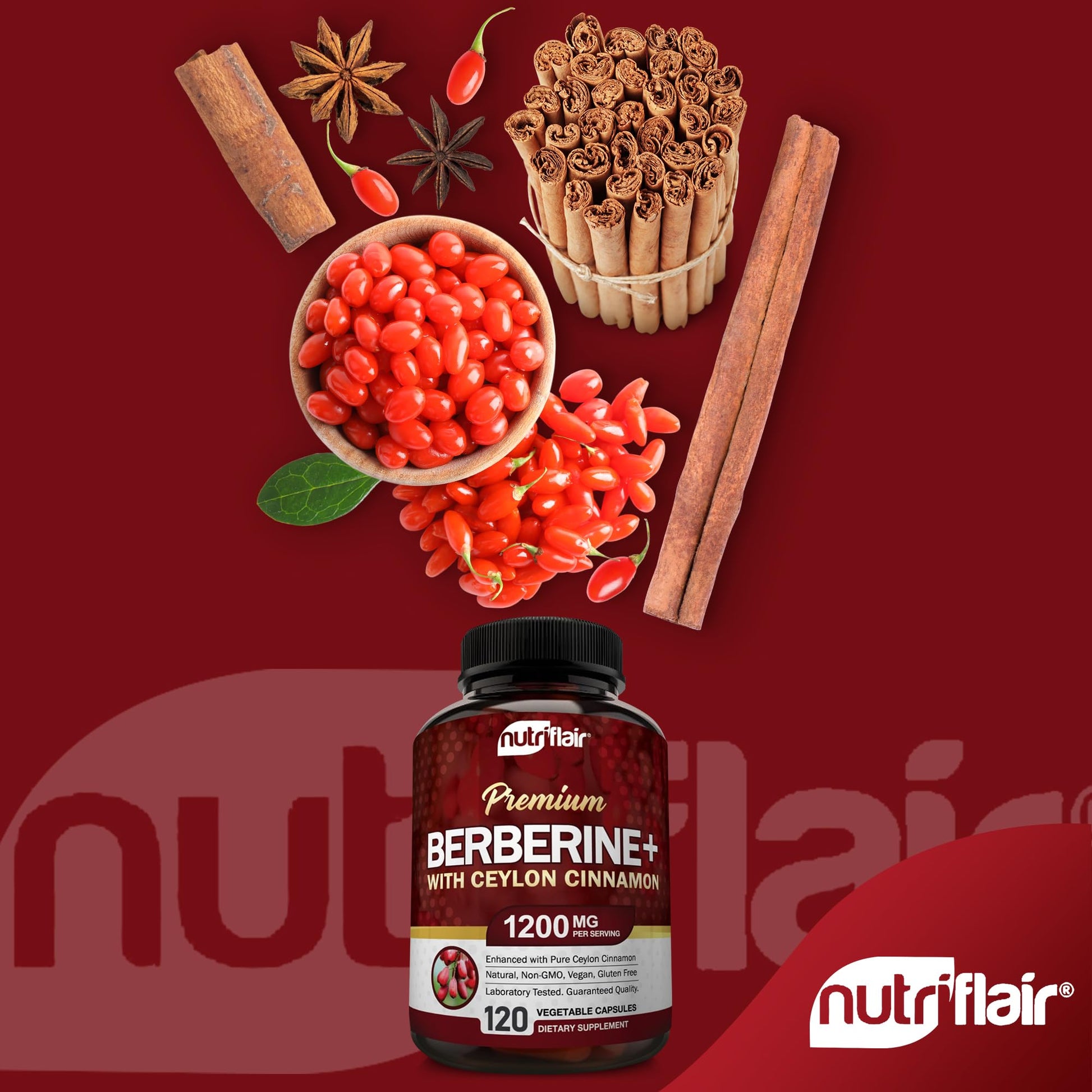 NutriFlair Premium Berberine HCL 1200mg, 120 Capsules - Plus Pure True Ceylon Cinnamon, Berberine HCI Root Supplements Pills - Immune System - yields an Optimal 8% HCl - Medaid International