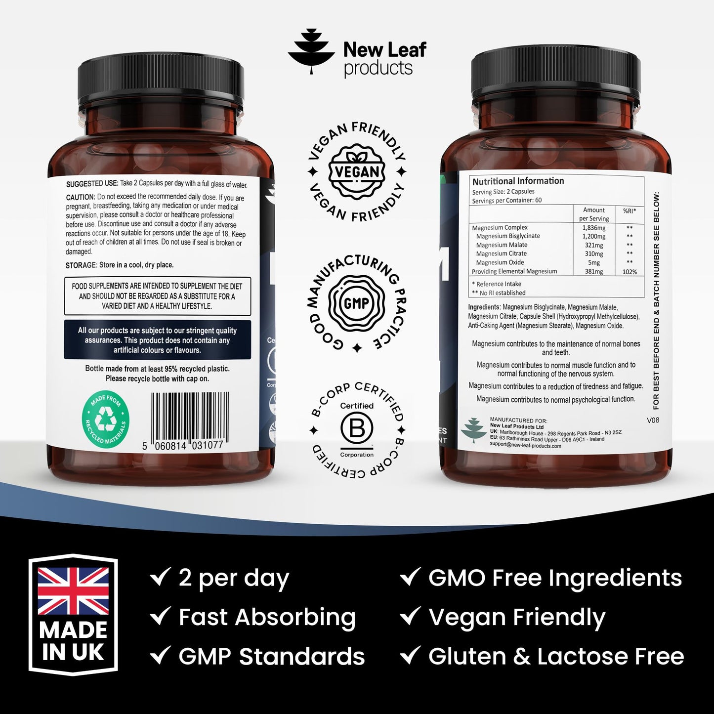 Magnesium Glycinate 4-in-1 Complex 2000mg - 449mg Elemental Magnesium High Strength Magnesium Supplements - Magnesium Bisglycinate,Citrate, Malate, Oxide - 120 Capsules - Vegan UK Made by New Leaf - Medaid International