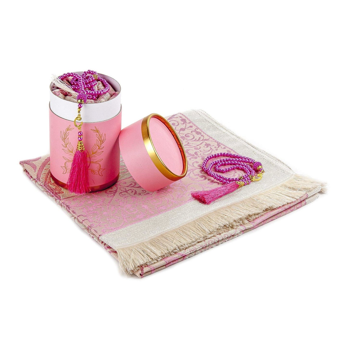 Muslim Prayer Rug and Prayer Beads with Elegant Cylinder Gift Box | Janamaz | Sajadah | Soft Islamic Prayer Rug | Islamic Gifts Set | Prayer Carpet Mat, Taffeta Fabric, Pink - Medaid International