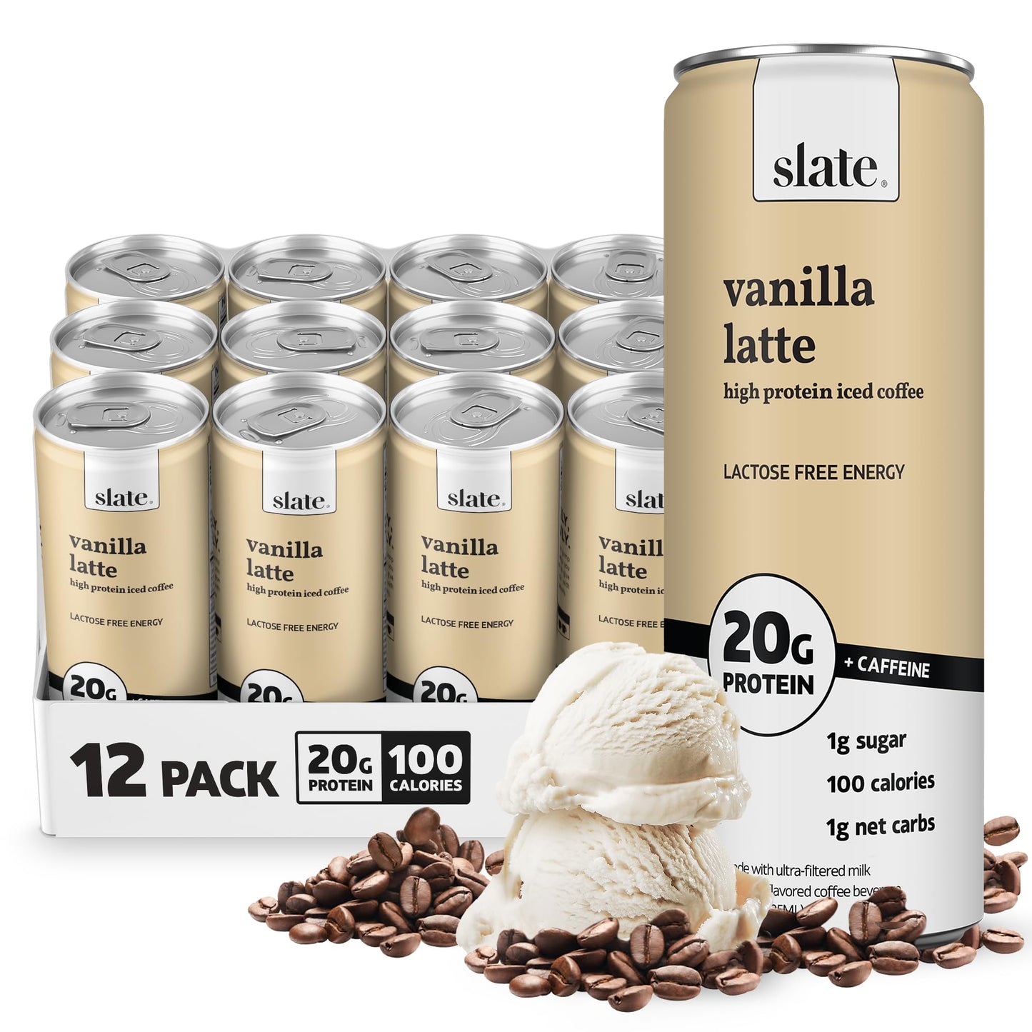 Slate Milk - High Protein Iced Coffee - Vanilla Latte - 175mg Caffeine, Lactose Free Energy - 20g Protein, 1g Sugar, 100 Calories, 1g Net Carbs, No Sugar Added - Protein Coffee - 11 fl oz, 12 Cans - Medaid International