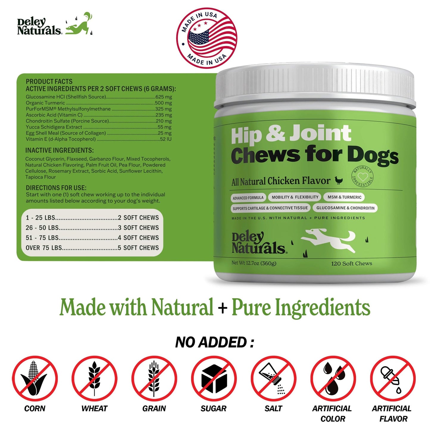 Deley Naturals Dog Hip and Joint Supplement - Glucosamine Chondroitin MSM & Collagen for Dogs - Smaller Chews, Fewer Calories, Same Active Ingredients for Hip & Joint Care - 120 Chicken Flavor Chews