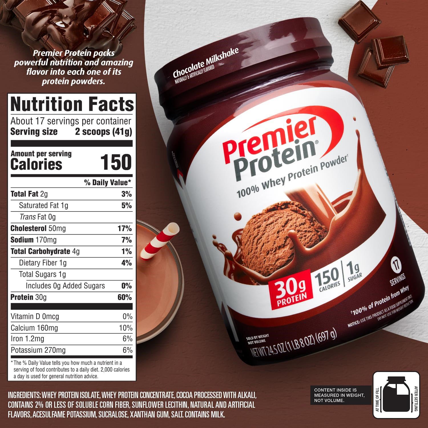 Premier Protein Powder, Chocolate Milkshake, 30g Protein, 1g Sugar, 100% Whey Protein, Keto Friendly, No Soy, Gluten Free, 24.5 oz (17 Servings) - Medaid International