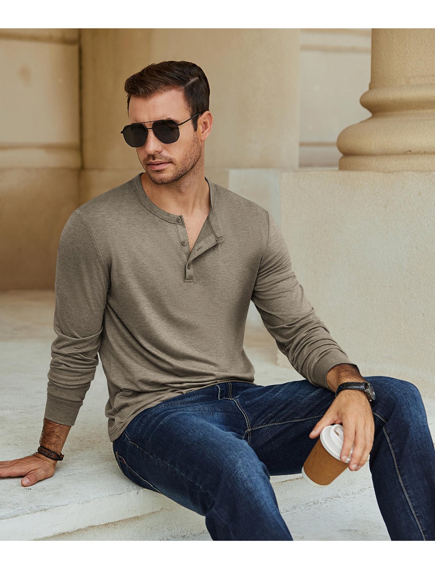 COOFANDY Men's Henley Shirts Long Sleeve Casual Vintage T-Shirt Lightweight Soft Stretch Tees Fall Henley Pullover Tops Khaki - Medaid International